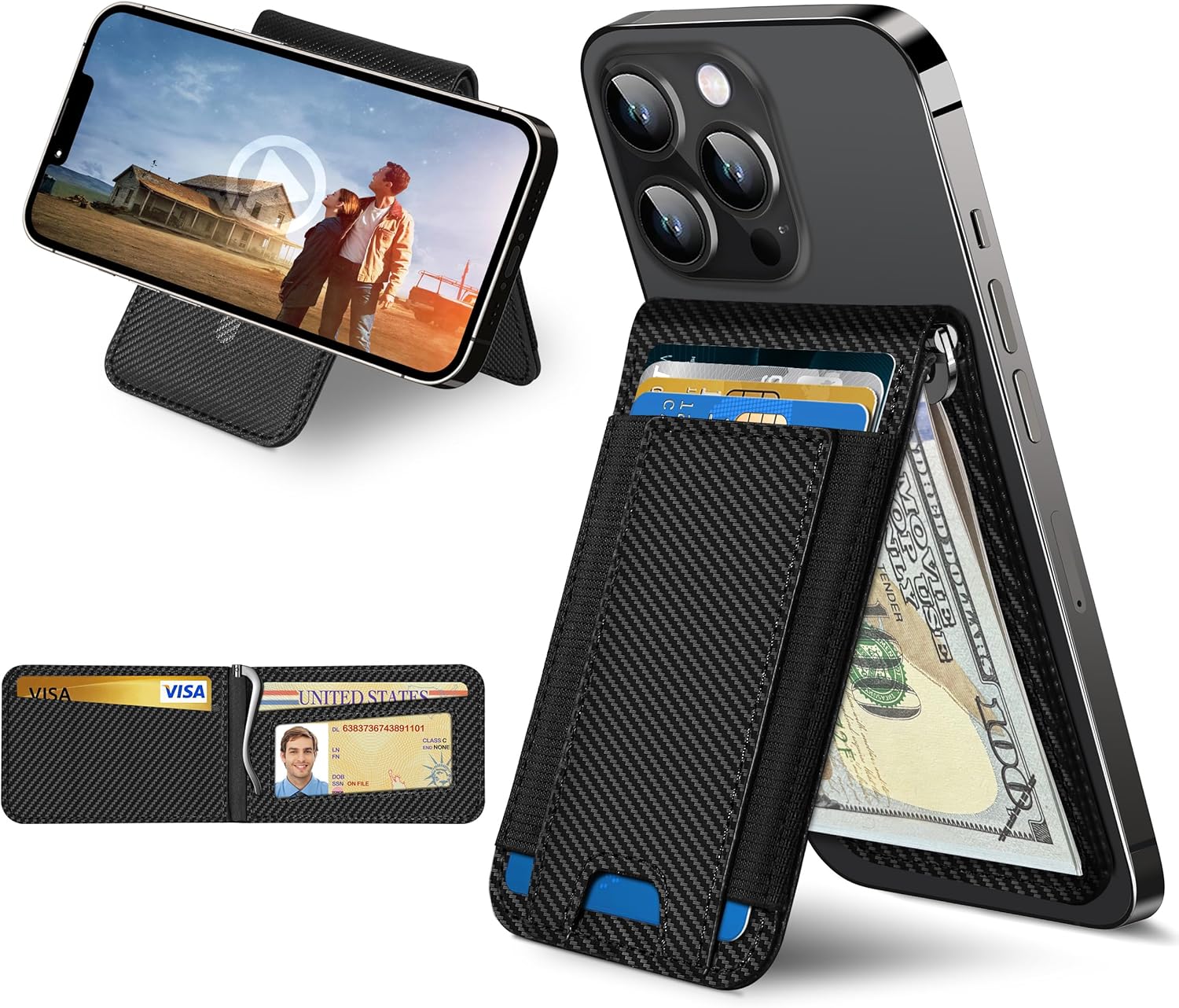 ExtreLife for MagSafe Wallet with Money Clip, Stronger Magnetic Wallet for iPhone 17/16/15/14/13/12 Series, RFID Blocking, for iPhone Wallet with Stand, ID Window & 8 Card Holder, Carbon Fiber Black