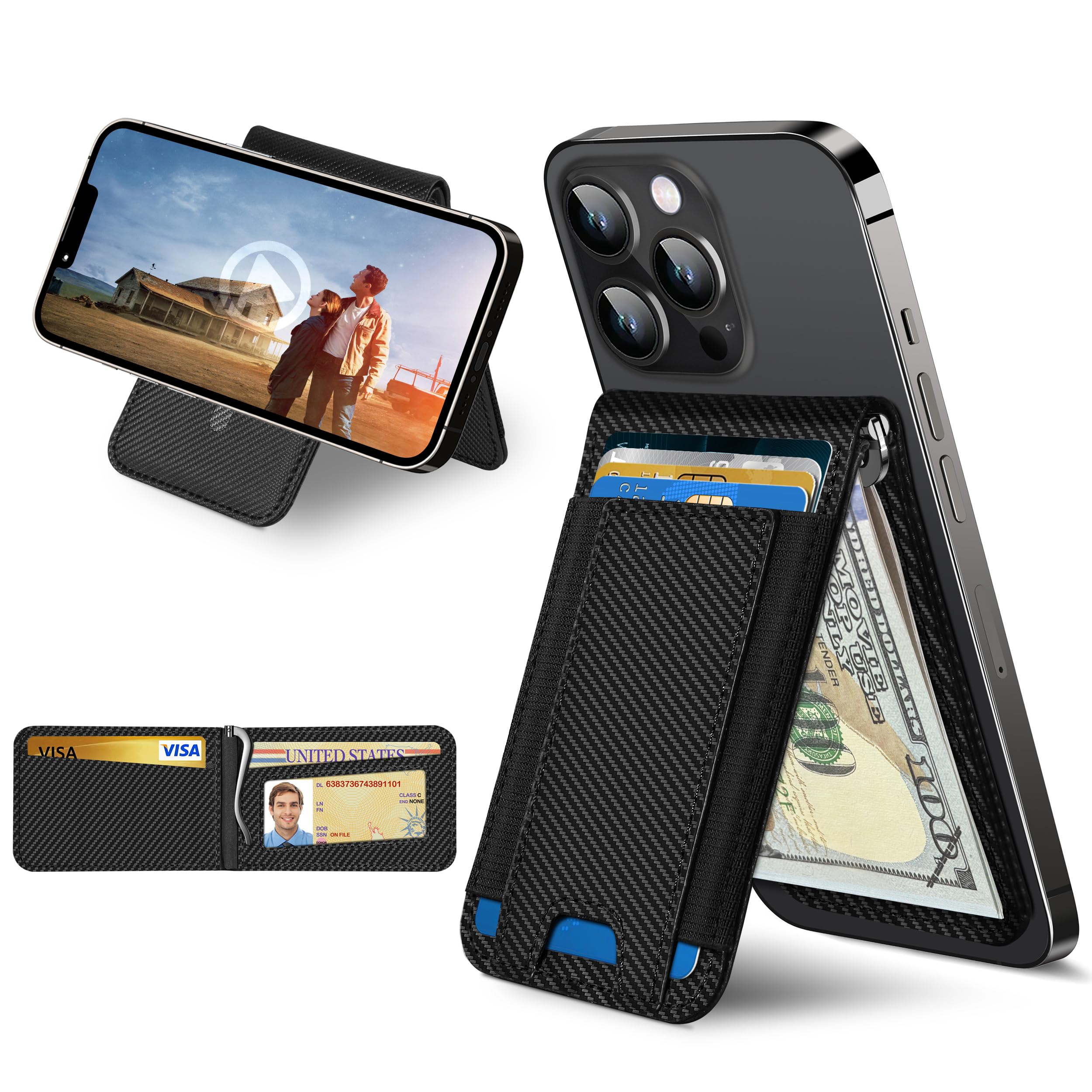 ExtreLife MagSafe Wallet securely attached to an iPhone.