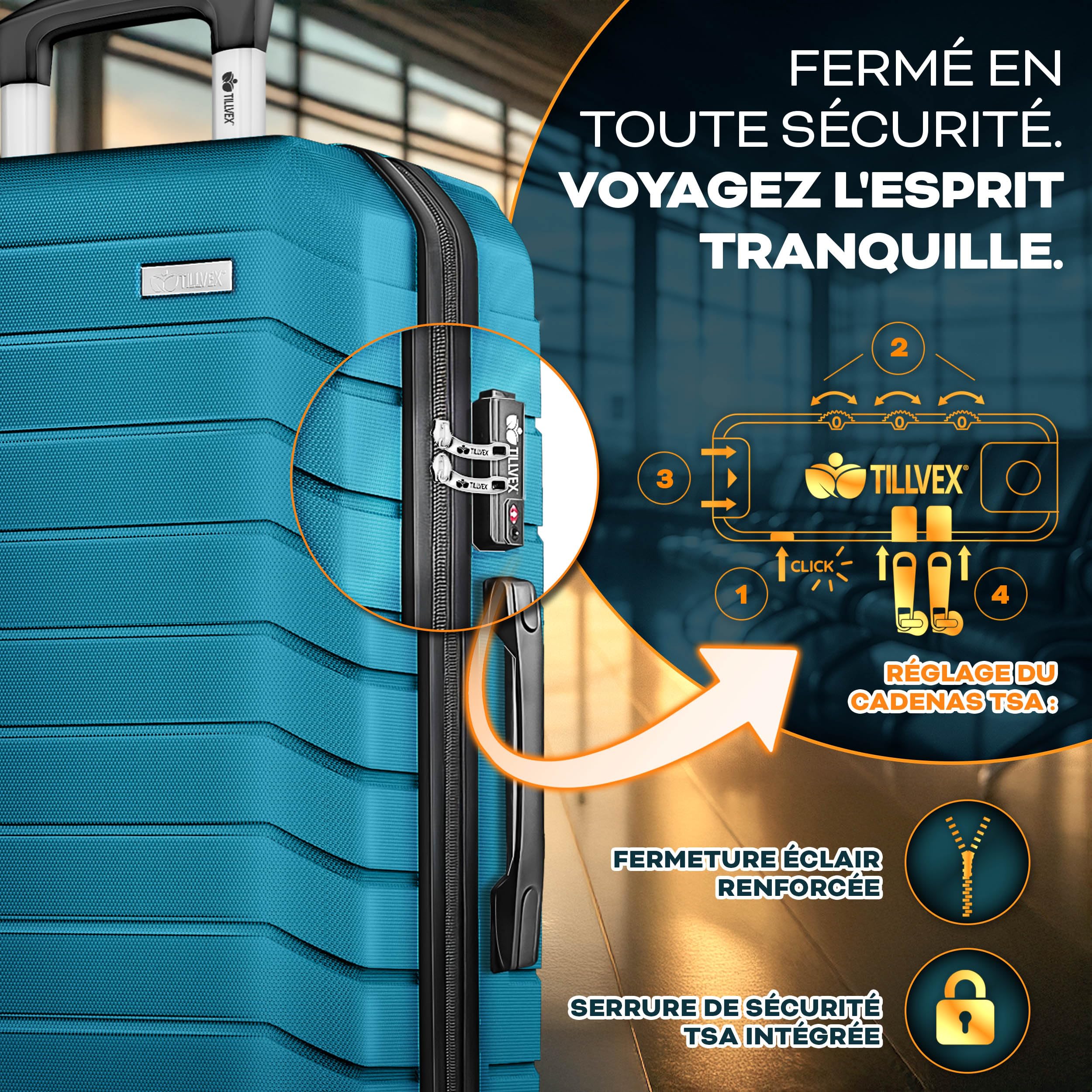 tillvex® Set de 4 Valises de Voyage + Balance, 4 Sangles à Bagages et 4 étiquettes à Bagages | Lot de valises avec roulettes et TSA Lock | Sacs de Voyage à Coque Rigide S-M-L-XL (Turquoise)