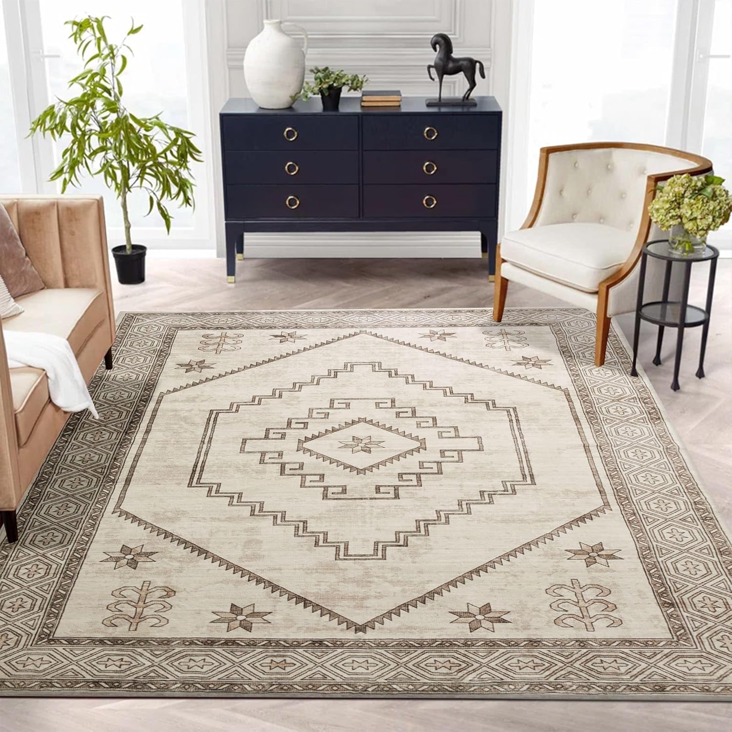 Hafaa Area Rugs Living Room Vintage Beige Rugs for Bedroom