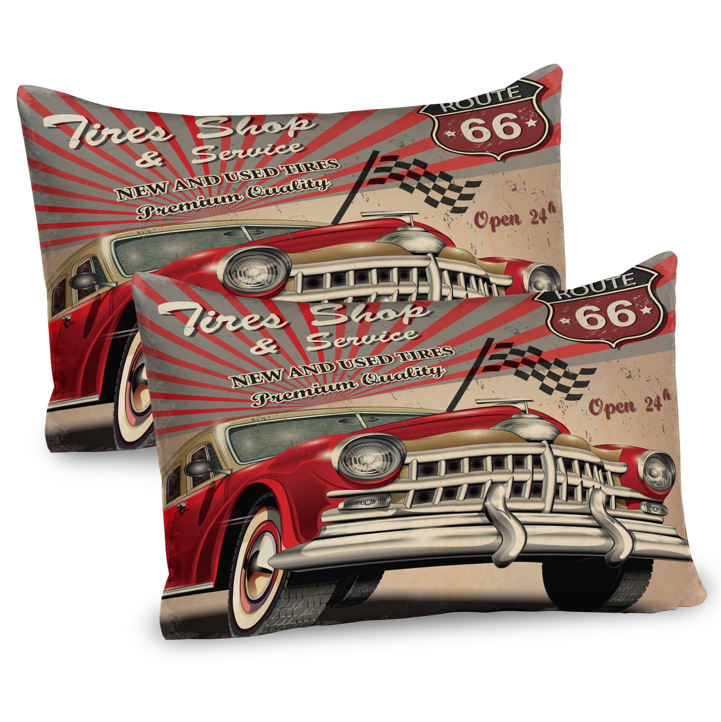 Ambesonne Cars Pillow Sham Set of 2, Tires Shop and Service Route 66 Emblem Advertisement Retro Style Poster Print, Quality Microfiber Bedding Item for All Seasons, 30