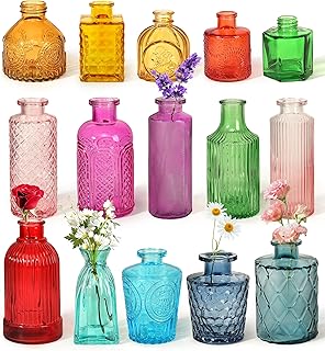 Set of 15 Colorful Glass Bud Vases - Small Textured Flower Vases for Cen...