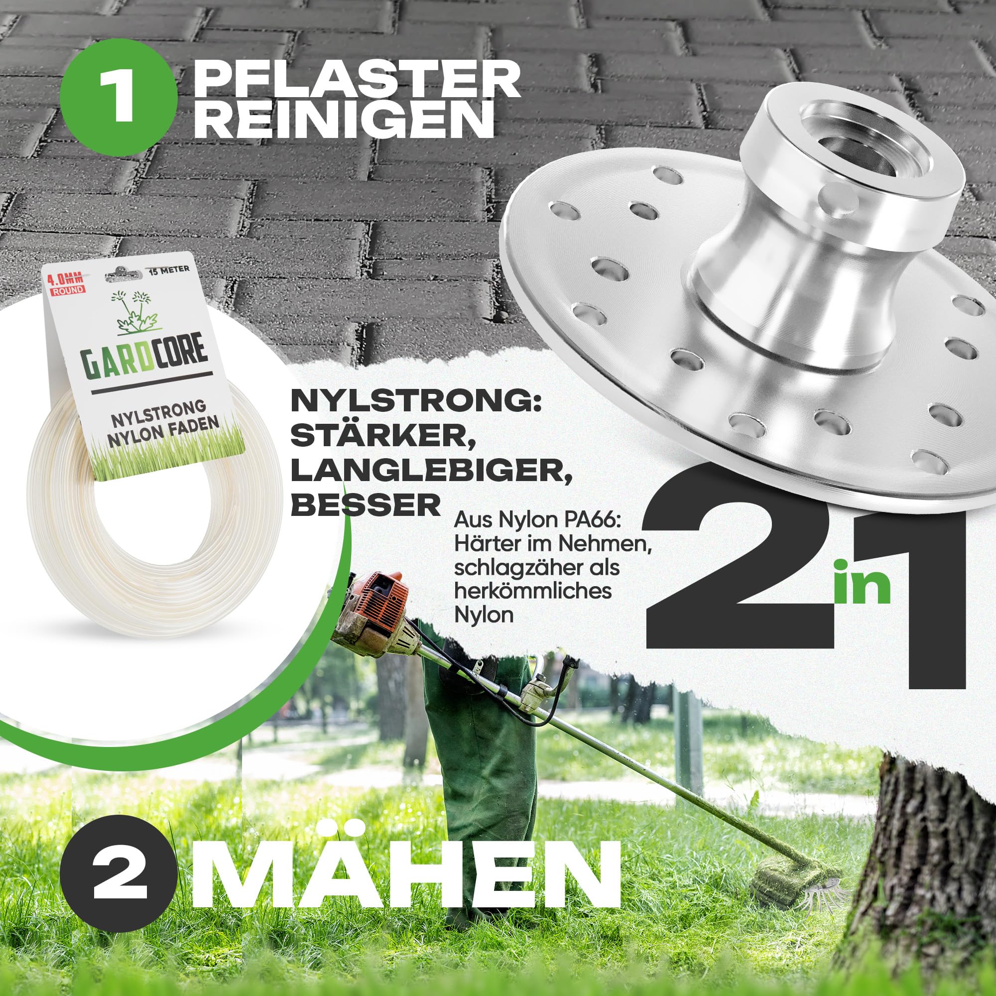 2in1 Unkrautbürste Freischneider [Mähen & Pflaster reinigen | inkl. 30m Faden] Wildkrautbürste für Motorsense Zubehör | Fugenbürste Unkraut | Trimmerkopf (Ab 1,4PS)