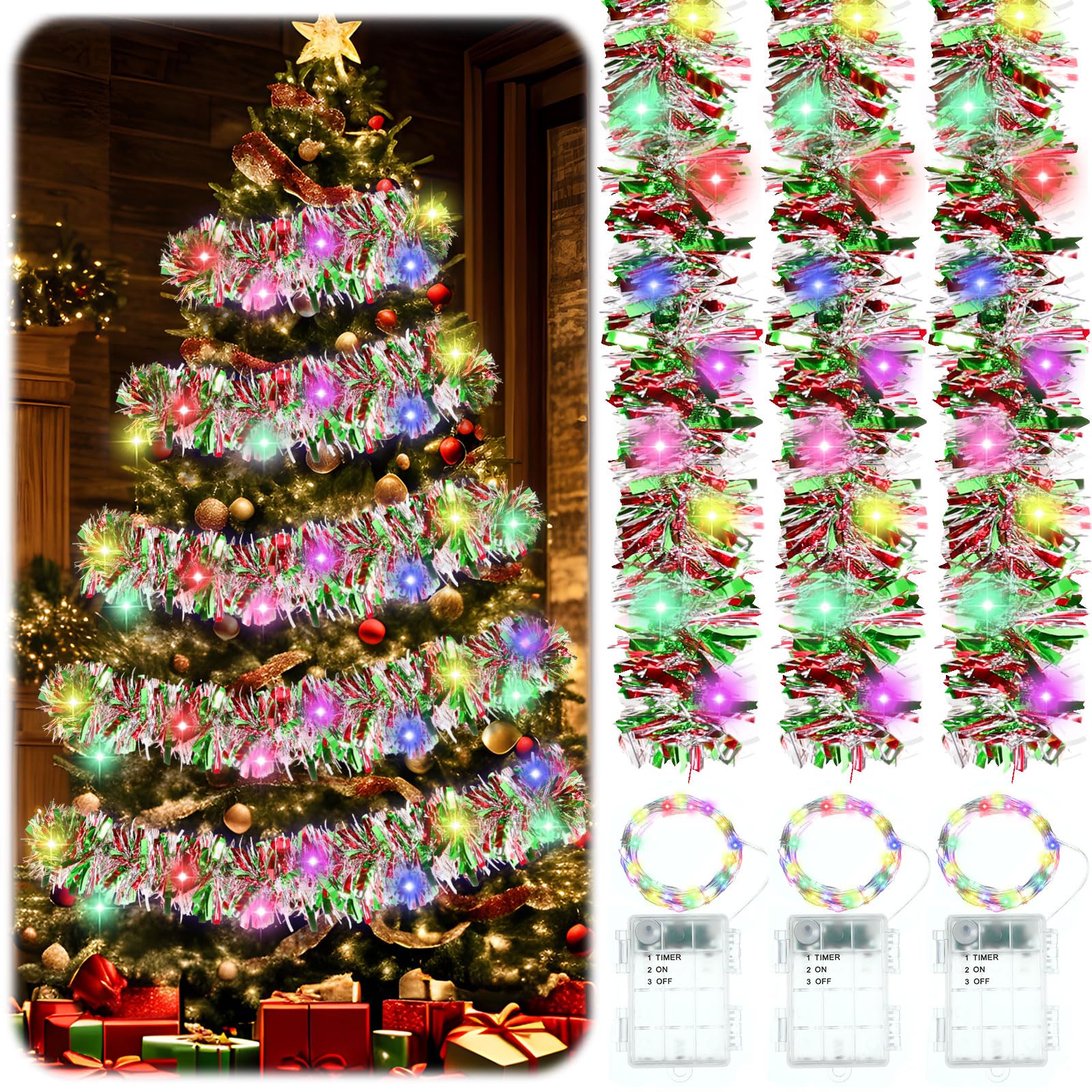 Liliful 131ft Christmas Prelit Tinsel Garland Metallic Tinsel Twist Garland with LED Lights Christmas Streamers Ornaments Tree Hanging Decoration for Home Staircase Party Supplies (Silver, Red, Green)