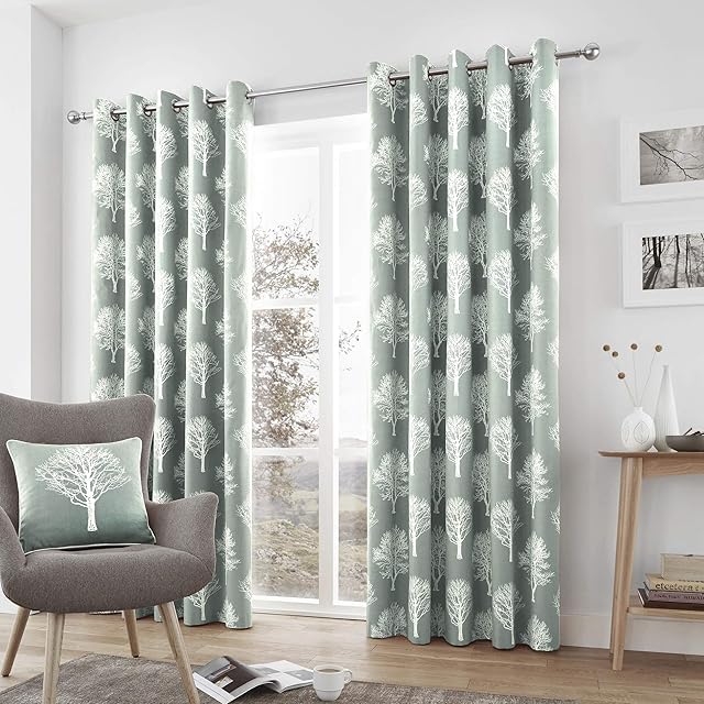 Fusion - Woodland Trees - 100 Percent Cotton Pair of Eyelet Curtains - 90" Width x 90" Drop (229 x 229 cm) in Duck Egg