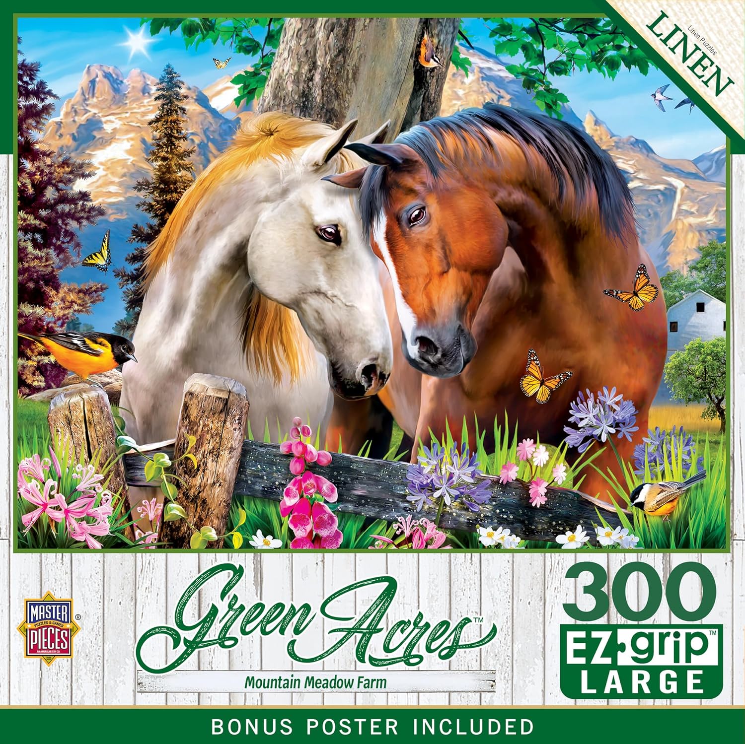 MasterPieces - 300 Piece Jigsaw Puzzle, Large EZ Grip Shapes, Mountain Meadow Farm, Fun for Adults, Seniors, Family, Kids, Matte Finish, 18" x24
