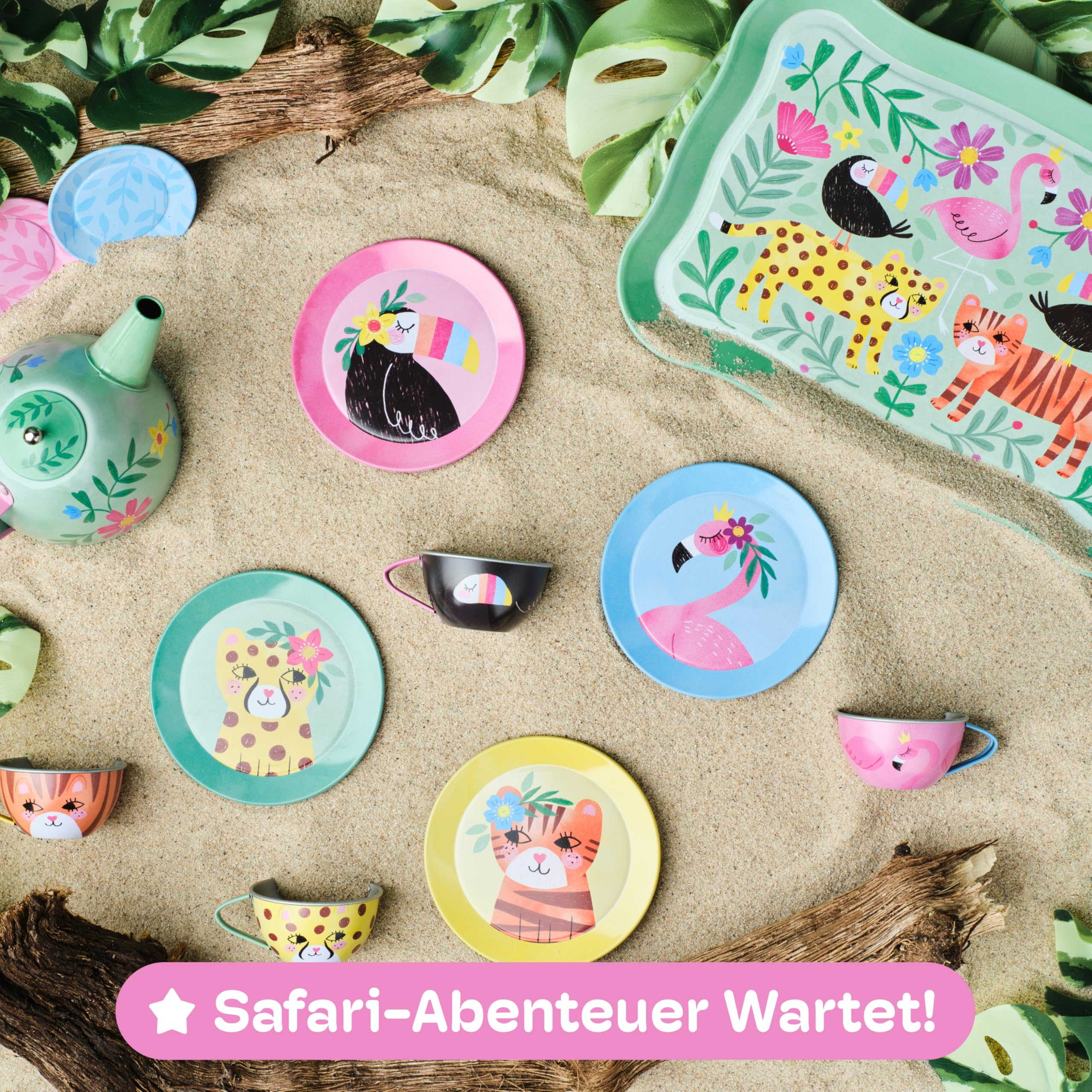 Jewelkeeper Teeservice für Kinder - Safari Design Kinder Teeservice, 15-teiliges Kindergeschirr für Spielküche und Kaffeekränzchen - Robuste Zinn-Konstruktion mit Tragetasche