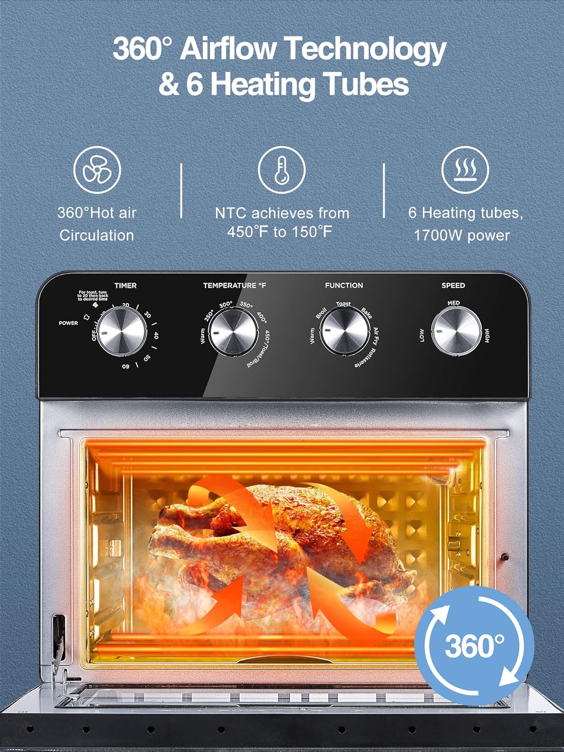 Bеѕt Cуbеr Mоndау 🔥 A/C 10-in-1 Air Fryer Oven, 24 QT large Convection Toaster Oven with Rotisserie and Dehydrator, 1700W Oil-free Cooking, 6 free Accessories & 75 Recipes, Black (FM-9015)