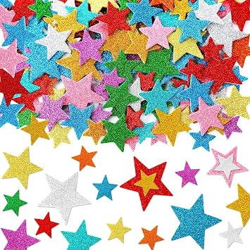 JULBEAR 300Pcs Colorful Glitter Star Foam Stickers for Kids Party Crafts | Self Adhesive Glitter Foam, Kids Party Toddler DIY Crafts, Home Decorations Supplies, 300Pcs Stars Shapes Stickers