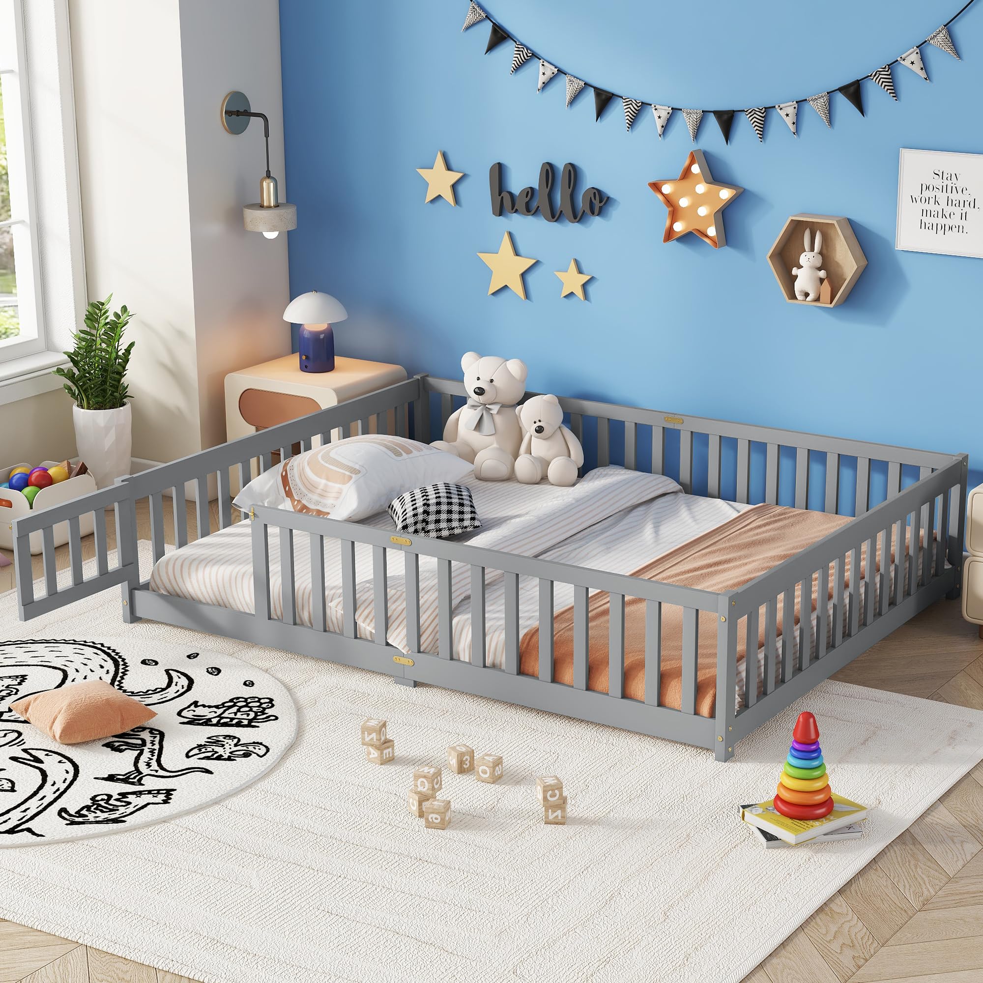 Queen Floor Bed with Safety Guardrails for Kids, Rubber Wood Montessori Bed with Slats and Convertible Door,Queen Size Bed Frame for Girls and Boys,No Box Spring Needed,Grey