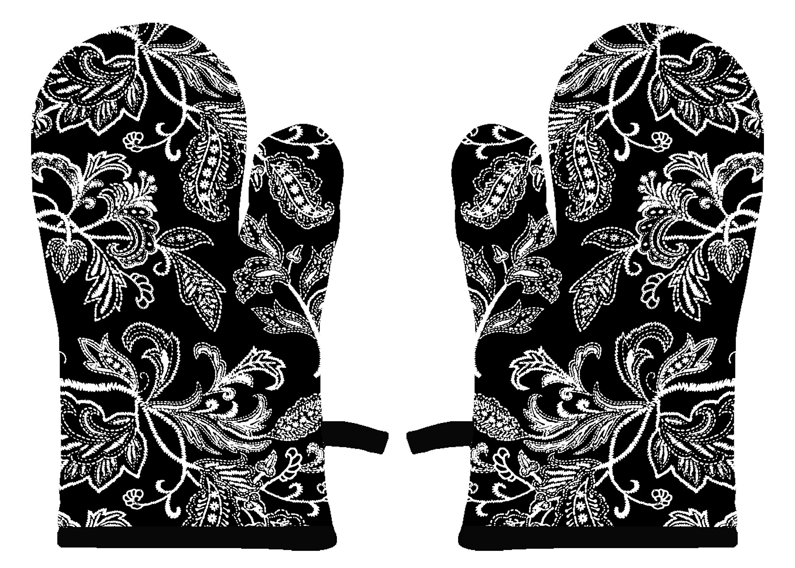 Airwill 100% Heat Resistance, Floral Designed Kitchen Oven Mitts (Gloves) (Black, White, Pack of 2)