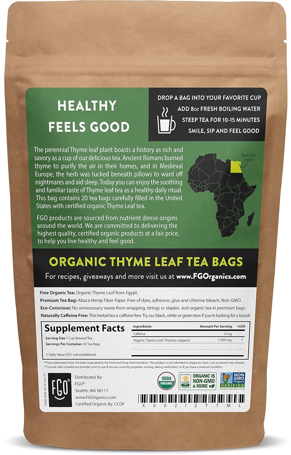 FGO Organic Thyme Leaf Tea, Eco-Conscious Tea Bags, 20 Count (Pack of 1)
