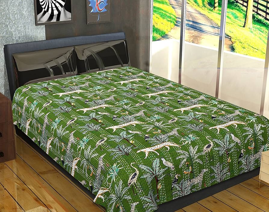 King Size Handmade Kantha Quilt – Floral Black Cotton Bedspread, Indian Style Bedcover