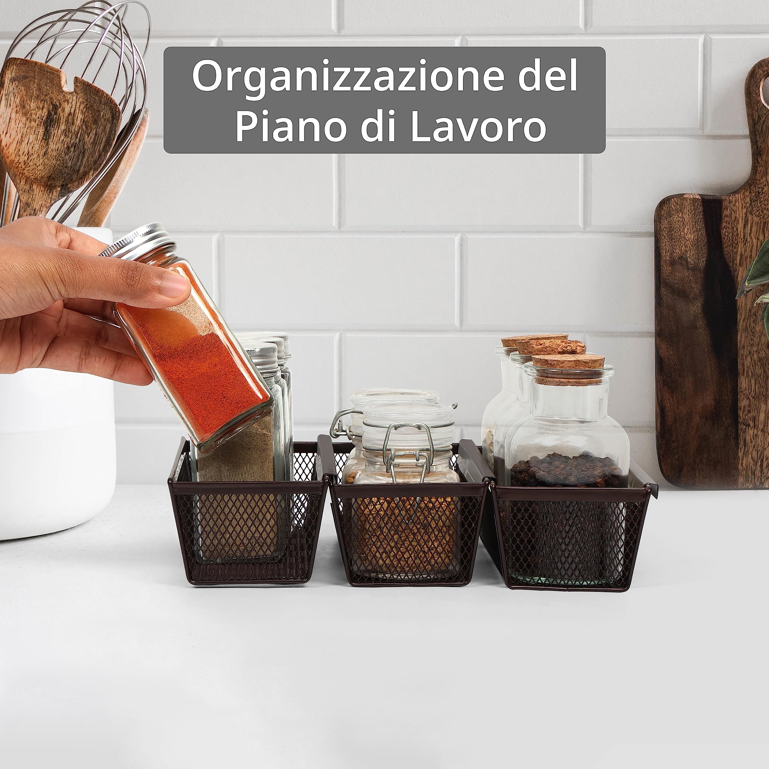 Winter Shore Organizer Cassetti Cucina in Rete Di Bronzo [6 Pz] - Cesto Portaoggetti con Lati ad Incastro e Piedini Antiscivolo - Espandibili per Utensili, Argenteria, Posate