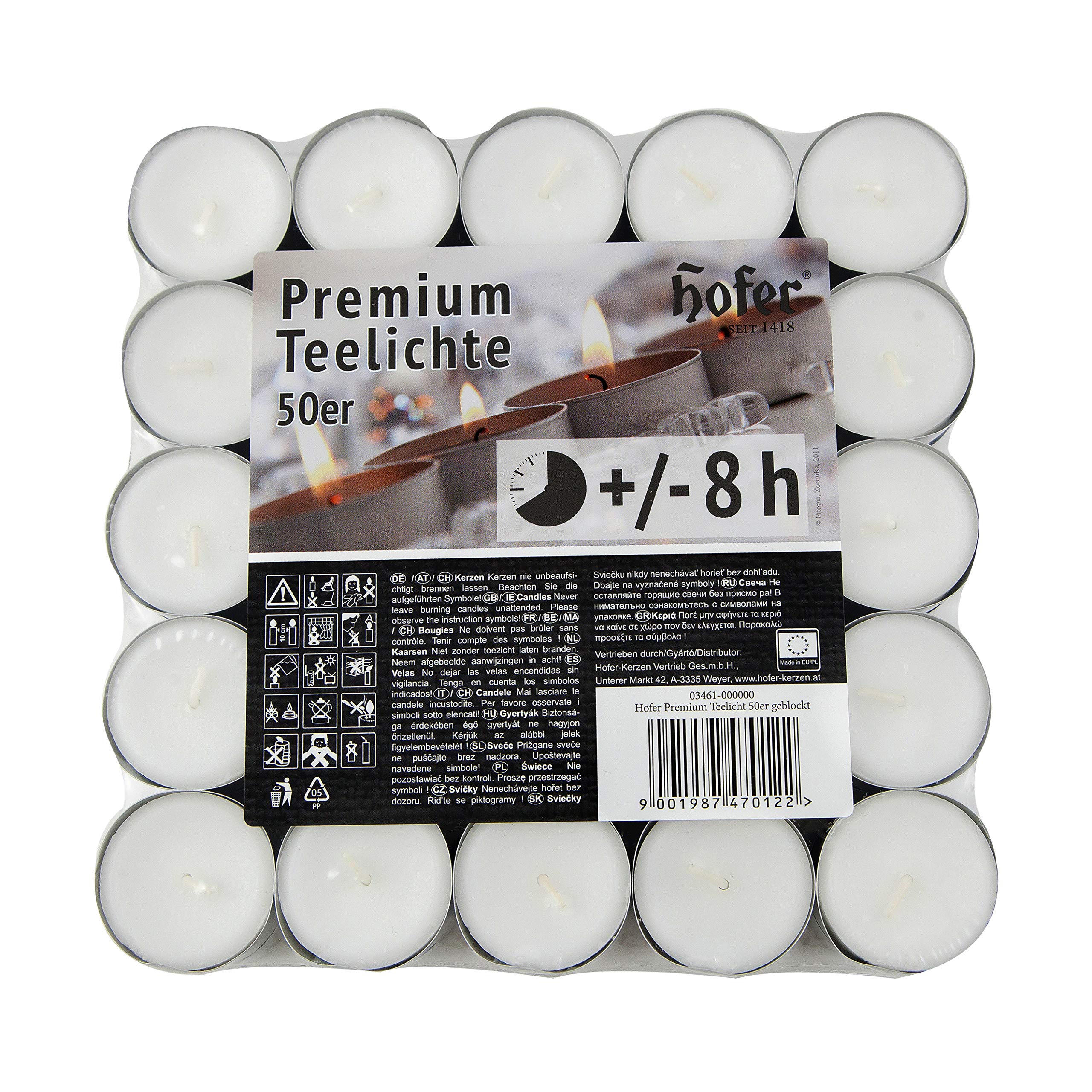 Hofer Velas de Té Tealights - 38 mm - Paquete de 450 piezas - 8 horas de tiempo de combustión - Color Blanco - Cera sin, Larga duración, Calidad de la UE