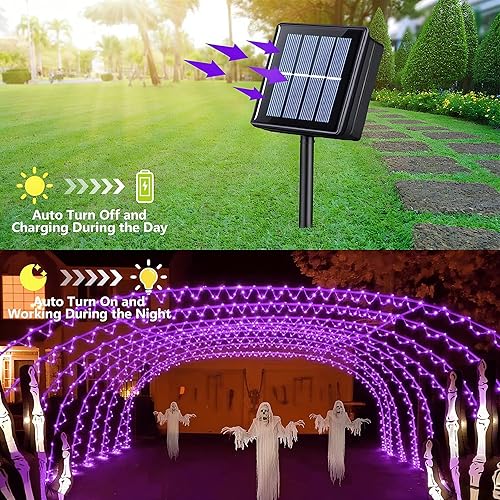 Miniatura 2 de Paquete de 2 luces solares moradas impermeables para exteriores, cada cadena de 100 luces LED solares de 33 pies, 8 modos de luces de hadas de tubo