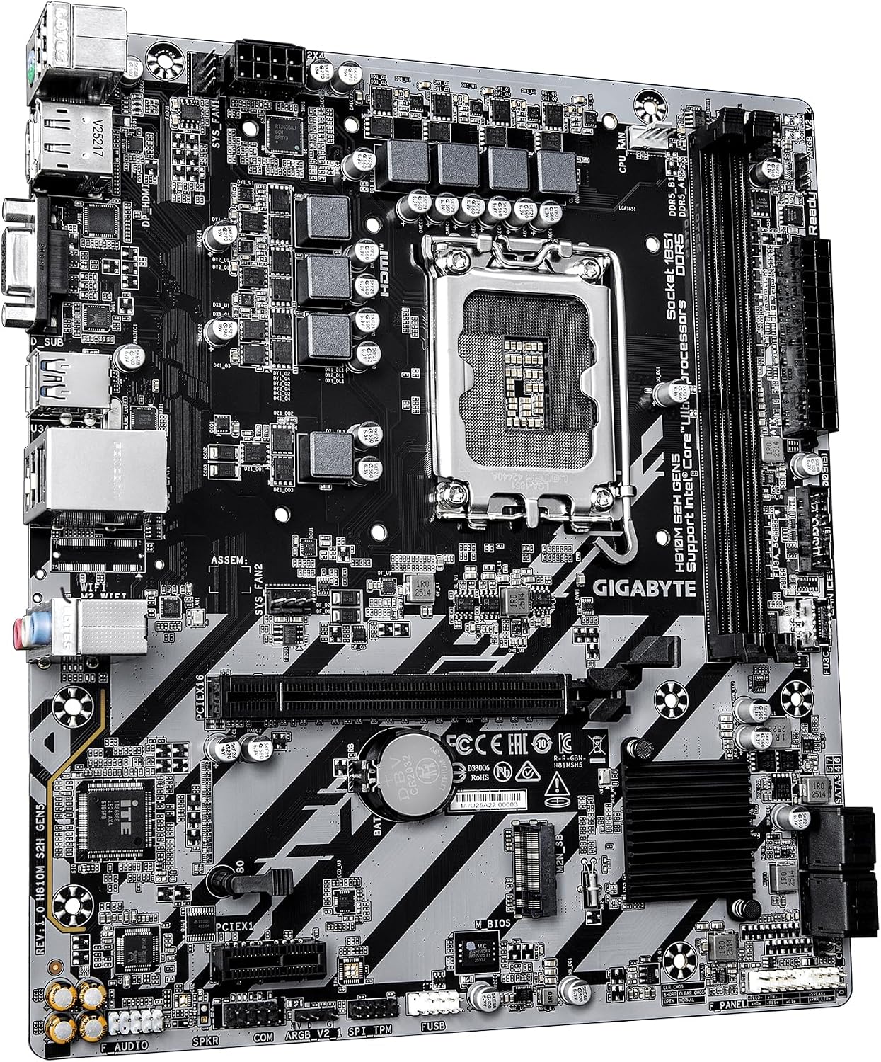 GIGABYTE H810M S2H GEN5 Intel LGA 1851 mATX Motherboard, Support Core Ultra (Series 2), DDR5, 4+1+2 Power Phase, PCIe 5.0 x16, 1x M.2, USB 3.2 Gen 1, Front USB-C 5Gb/s, GbE LAN, PCIe EZ-Latch
