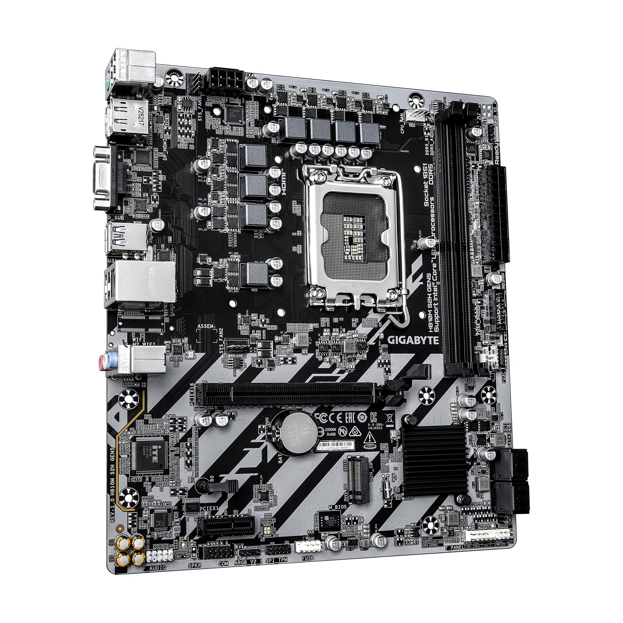 GIGABYTE Scheda madre H810M S2H GEN5 Intel LGA 1851 mATX, supporto Core Ultra (serie 2), DDR5, fase di potenza 4+1+2, PCIe 5.0 x16, 1 M.2, USB 3.2 Gen 1, USB-C 5Gb/s, GbE LAN, blocco PCIe EZ