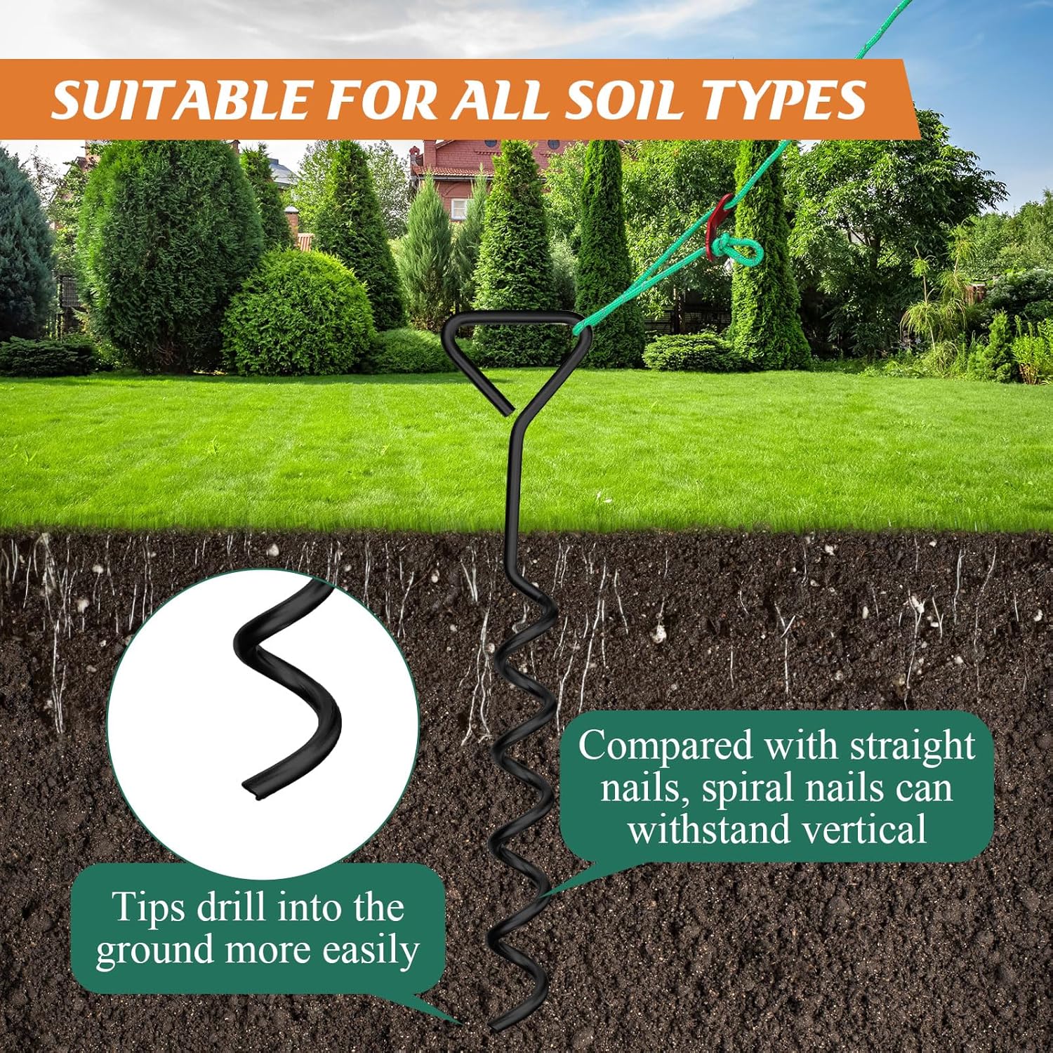Sintuff 6 Set Tree Stakes and Supports Kit for Anti Hurricane Leaning Trees Straightening Heavy Duty 15. 75" Spiral Tree Stake with 13. 12 ft Ropes and 15. 75'' Support Straps (Green)