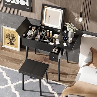 27.9'' Black Small Makeup Vanity Desk with Flip Top Mirror and LED Light, Dressing Table with Charging Station, 2 Drawers and Fold-up Panel, Vanity Set with Cushioned Stool for Bedroom Dressing Room