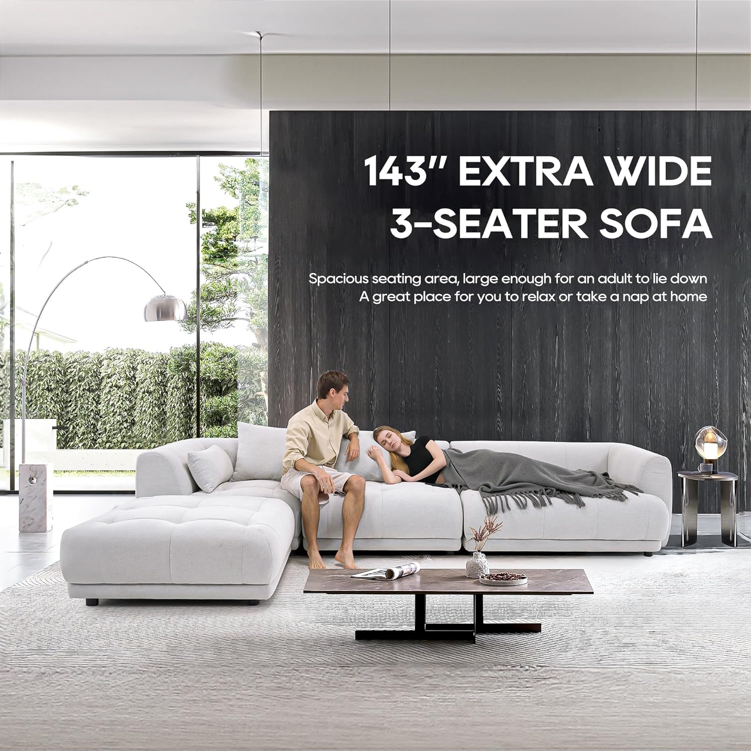 COLAMY 144" Cloud Sectional Couch with Ottoman,Modular Sectional Sofa with 3 Large Seat and 1 Movable Ottoman for Living Room,DIY Combination, Chenille, Beige