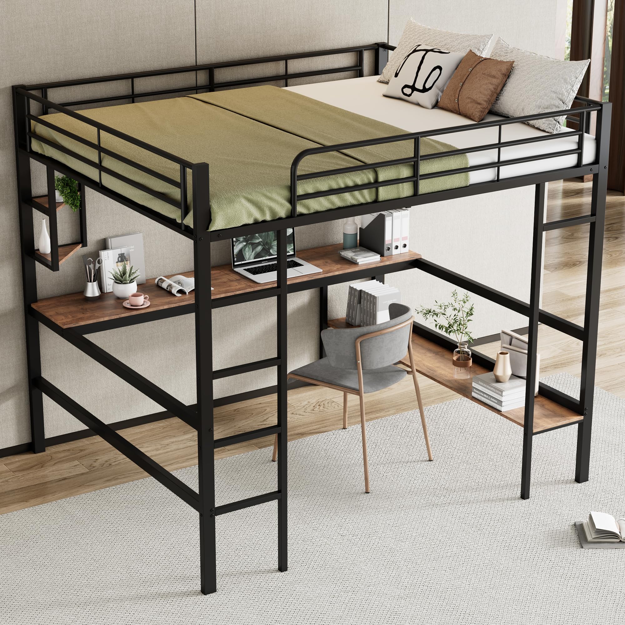 Hoogslaper, metalen bedframe, ijzeren bed met bureau, jongeren