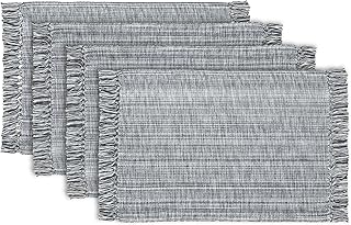 PurpleEssences Chambray Placemats with Fringes - 100% Cotton, Set of 4, 13x19 Inch, Thick Durable Table Mats for Dining, Kitchen, or Casual Farmhouse Tabletop Décor - Mineral Gray and H.White