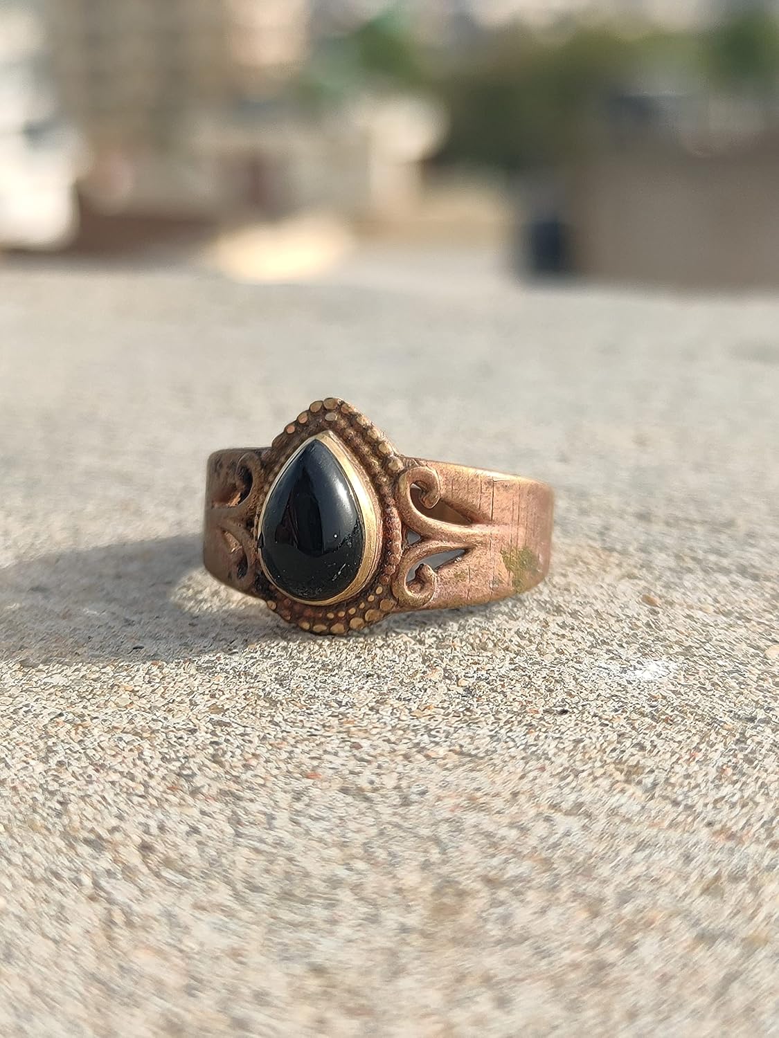 Natural Black Onyx Ring Semi-Precious Ring, Teardrop Black Stone Ring, Rose Gold Plated Wide Ring, Brass Ring, Handmade Ring, Pear Stone Ring, Dainty Ring, Black Onyx Jewelry