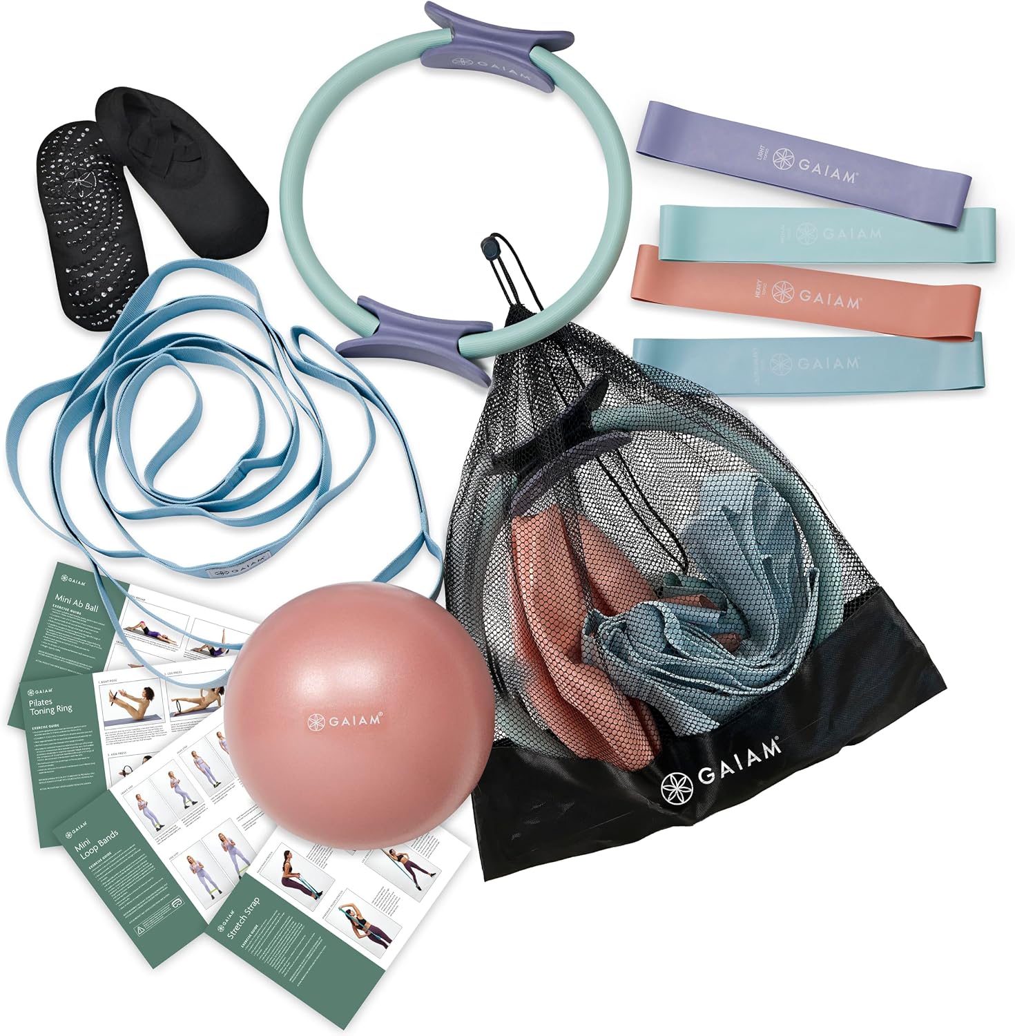Gaiam Pilates Starter Bundle, Mat, Ring & Resistance Kit