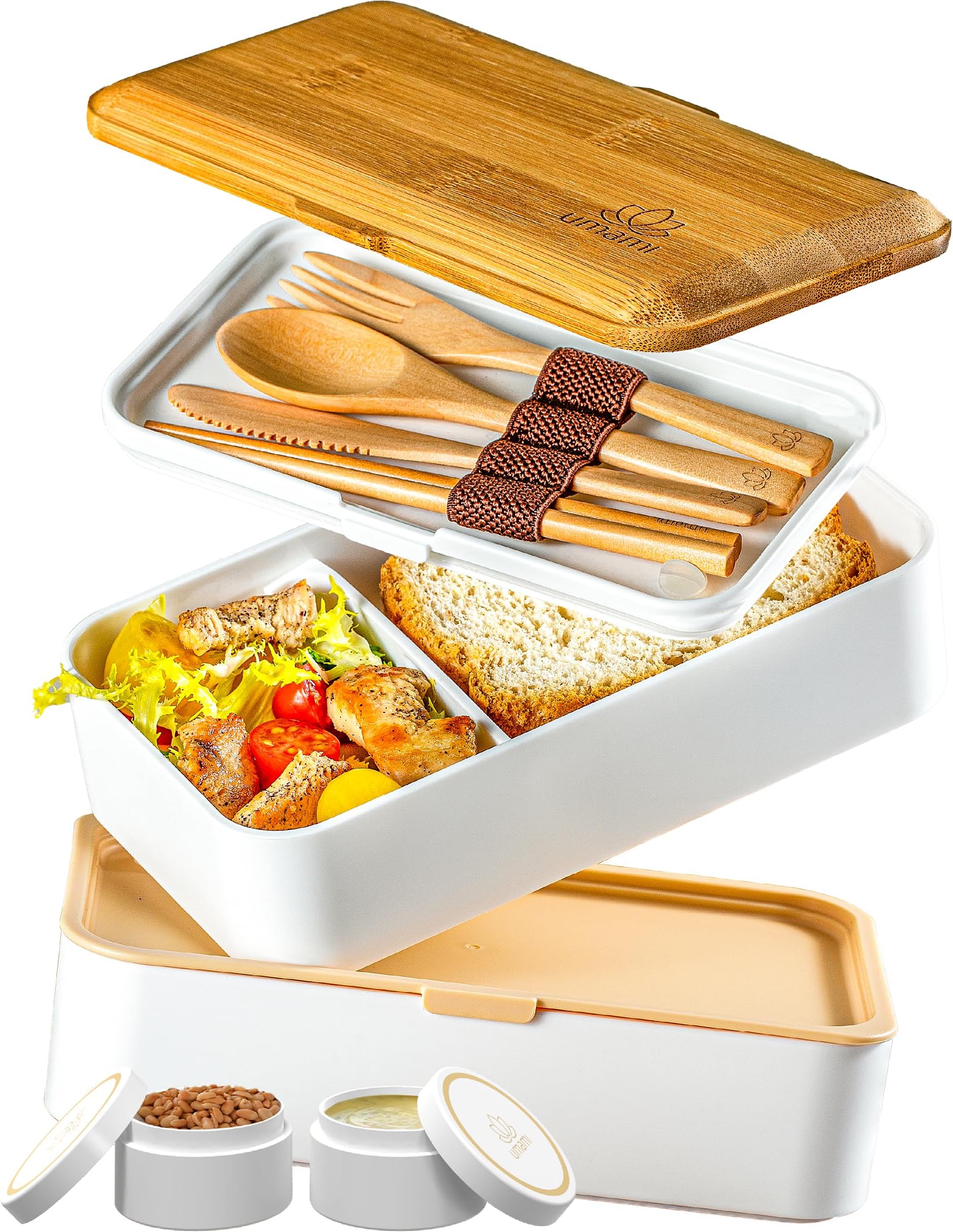 UMAMI プレミアム弁当ランチボックス 大人/子供用 ソースポット&カトラリー3点セット 日本製密封ボックス 2コンパートメント マイクロウェーブ&食洗機&冷凍庫 BPAフリー 無駄なし