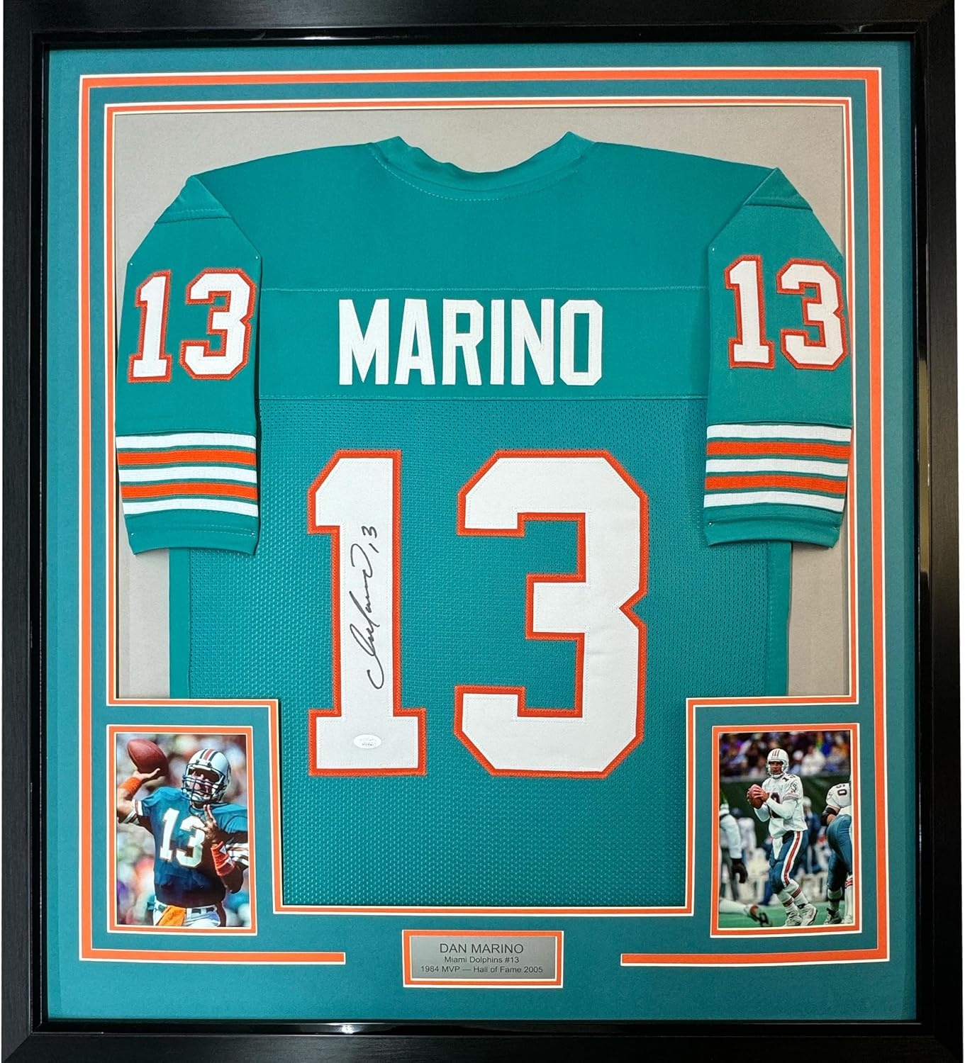 Framed Autographed/Signed Dan Marino 33x42 Miami Teal Football Jersey JSA COA
