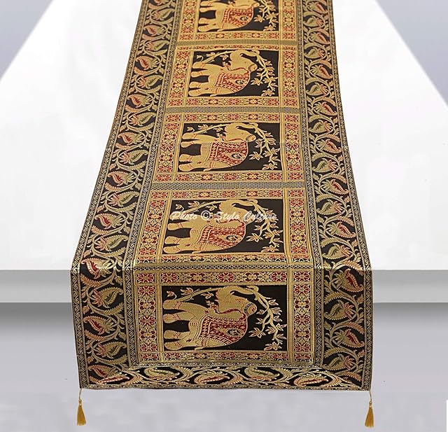 Stylo Culture Traditional Center Table Runner For Coffee Table Black Brocade Jacquard & Satin With Tassels Bohemian Elephant Floral Extra Long Indian Table Decor | 60x16 Inches (152 x 40 cm)