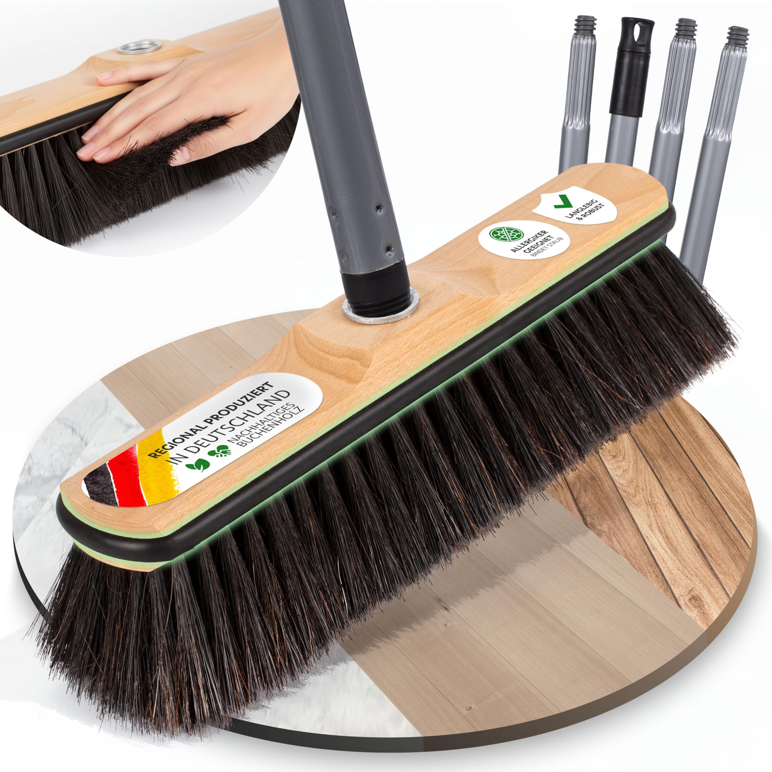 ORGAFLIX Scopa Premium con manico, scopa con protezione dei bordi per casa e cucina, testa della scopa da 28 cm con miscela di capelli di cavallo, filettatura antiruggine da 24 mm, scopa prodotta in