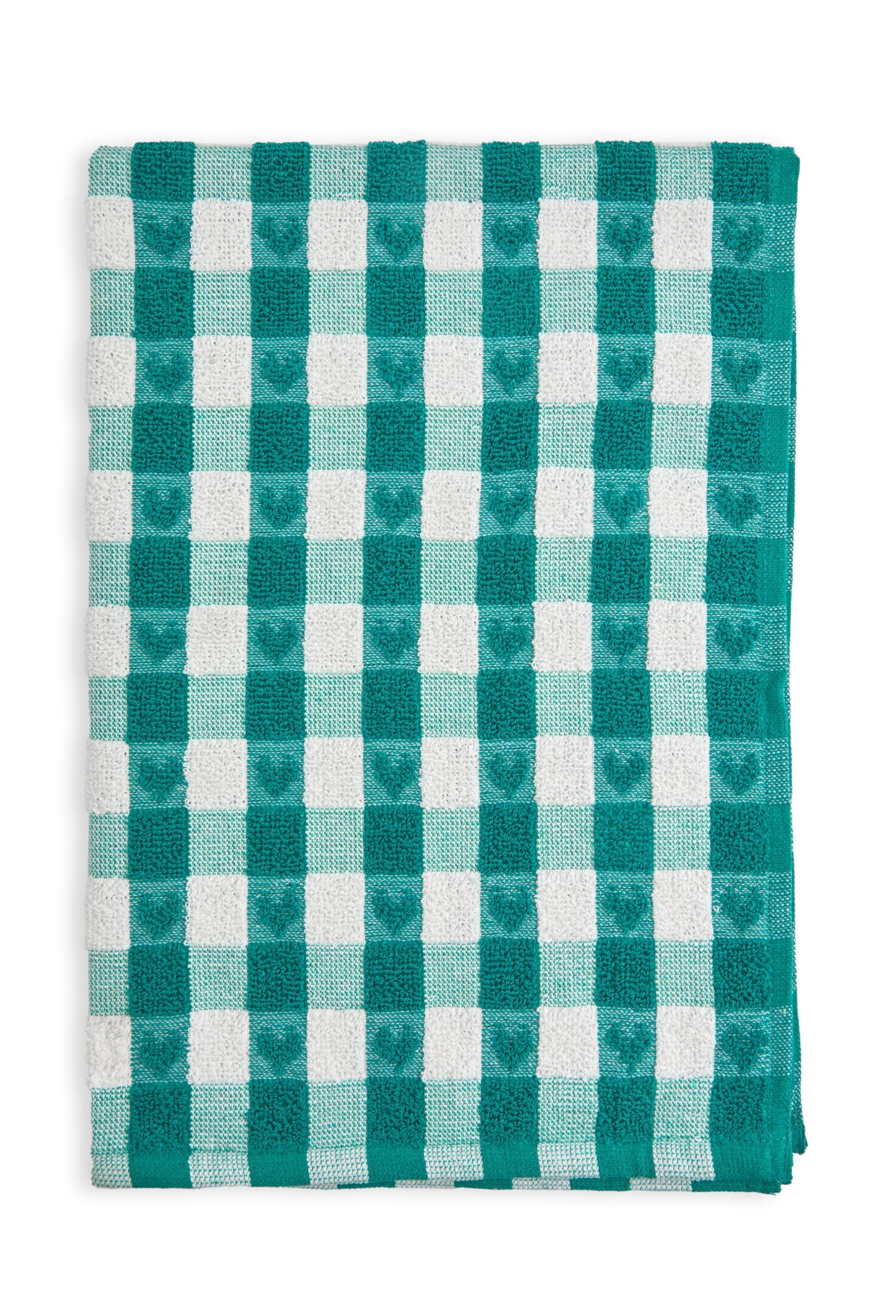 Emma Barclay Jumbo Heavy Weight Check Kitchen Tea Towel with Heart Detail (Green)