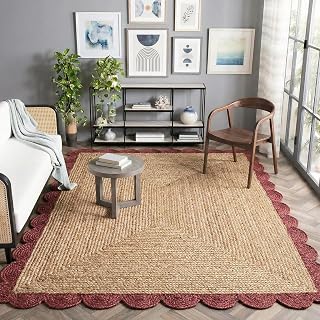 Scalloped Jute Area Rug 3'x5', Hand Braided Natural Fiber Rug | Handmade Outdoor | Eco-Friendly, Durable Premium Jute Low Pile Soft Boho Rustic Red Border Pet Kid Rugs for Living Room