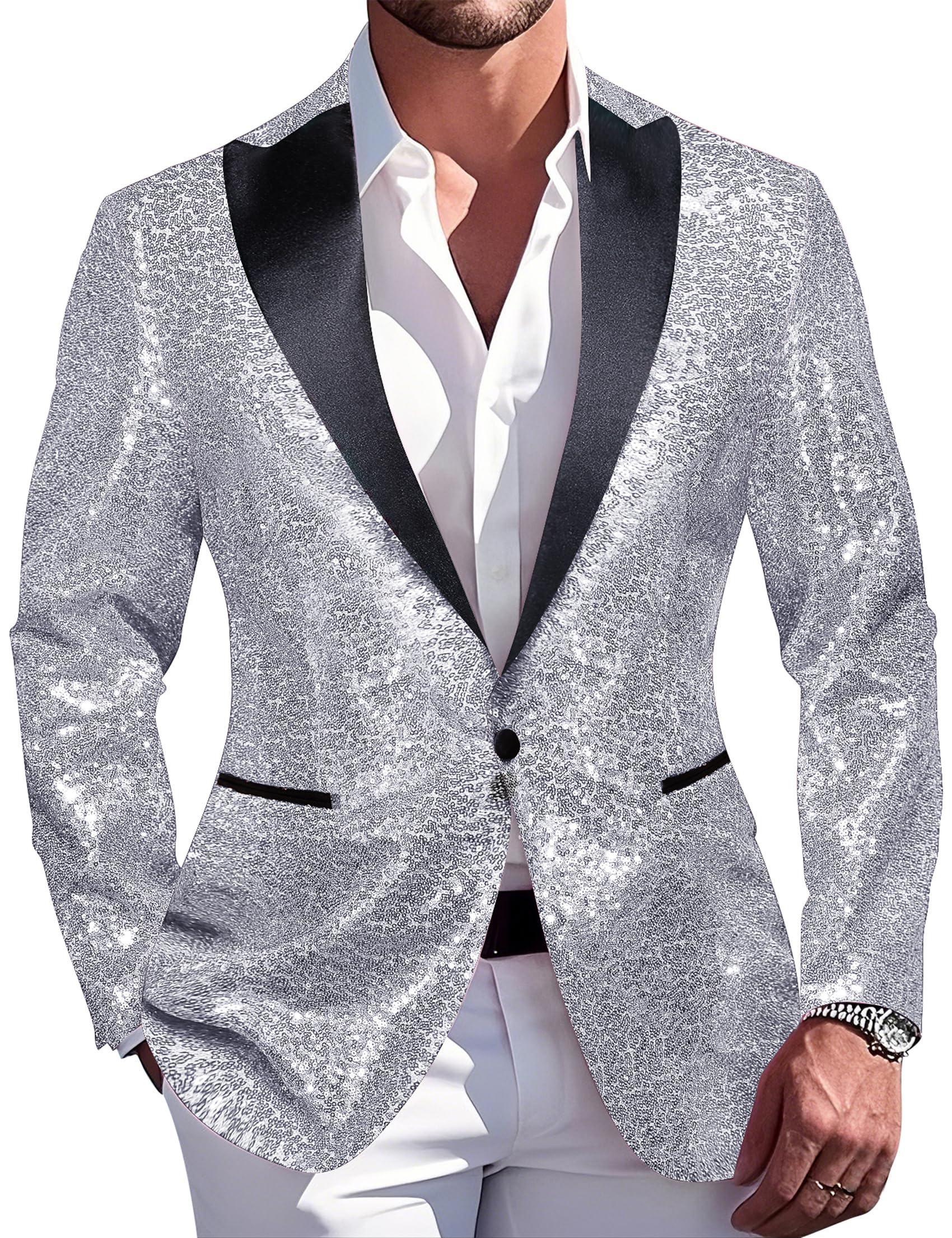 Barry.Wang 70s Disco Sequins Blazer Mens Sparkle Metallic Suit Jacket