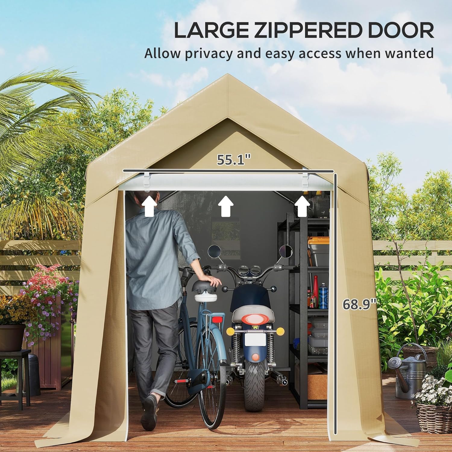 Outsunny 7' x 12' Portable Storage Shed Shelter, Heavy Duty Outdoor Shed, Waterproof Garden Storage Tent with Ventilation Window and Roll-up Zipper Door for Bike, Motorcycle, Garden Tools, Beige