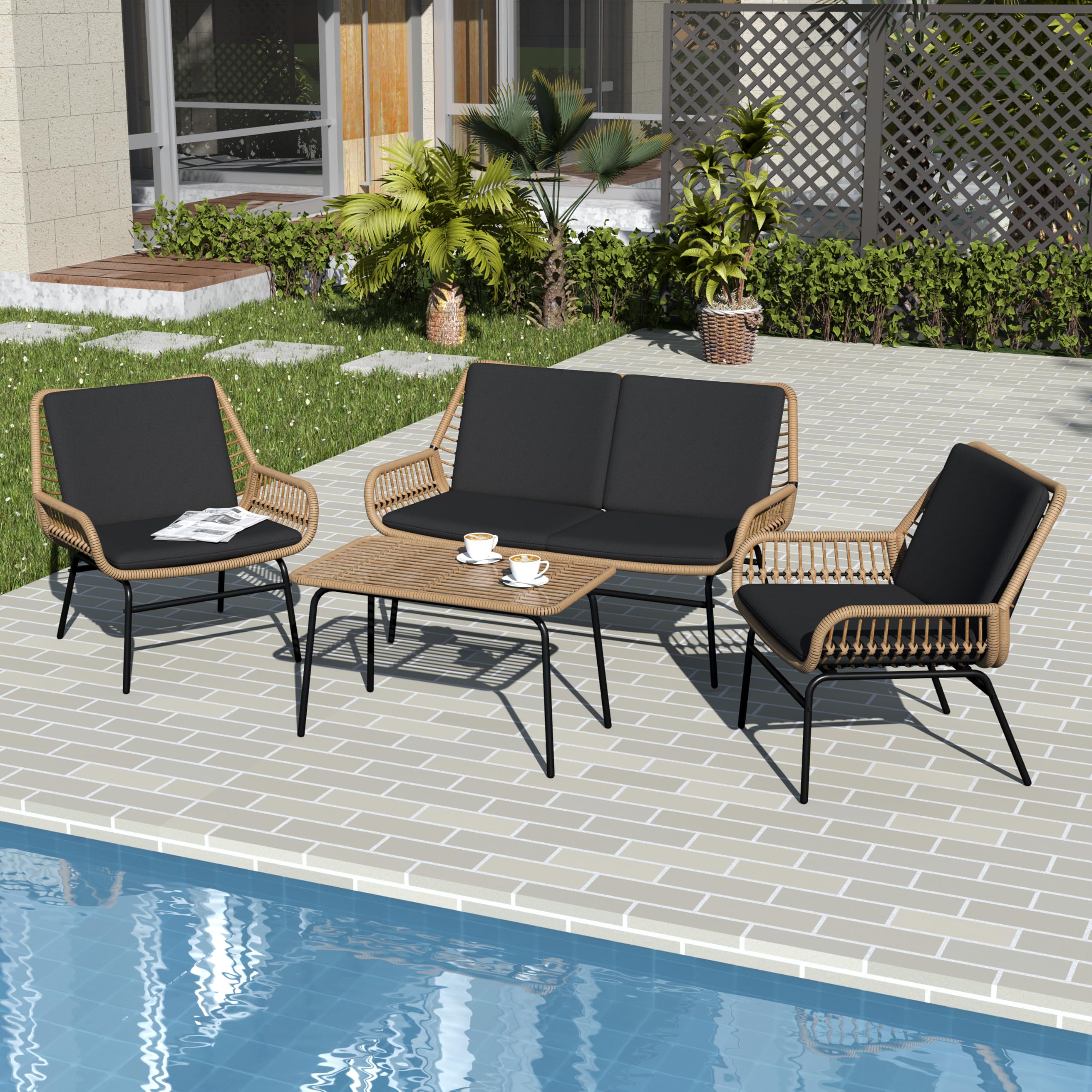 4 Piece Outdoor Patio Furniture Set, Rattan Conversation Sets, All-Weather Wicker Chairs with Cushions and Coffee Table, for Garden Balcony Courtyard Poolside