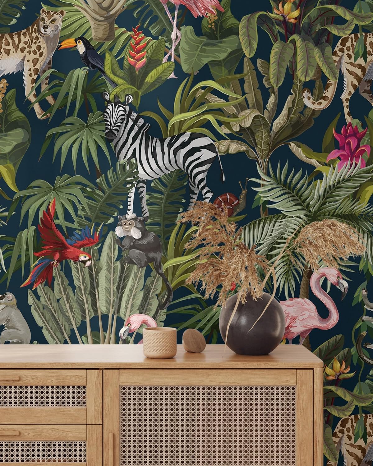 Jungle Animals Wallpaper | Removable Peel & Stick Tropical Mural | Safari Animals Kids Self Adhesive Wallpaper (1 roll 24" W x 96" H)