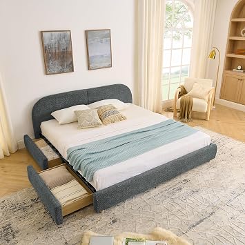 King Size Upholstered Bed Frame with 4 Storage Drawers, Modern Platform Bed with Curved Headboard, Sturdy Leg and Wood Slats Support, Dark Gray