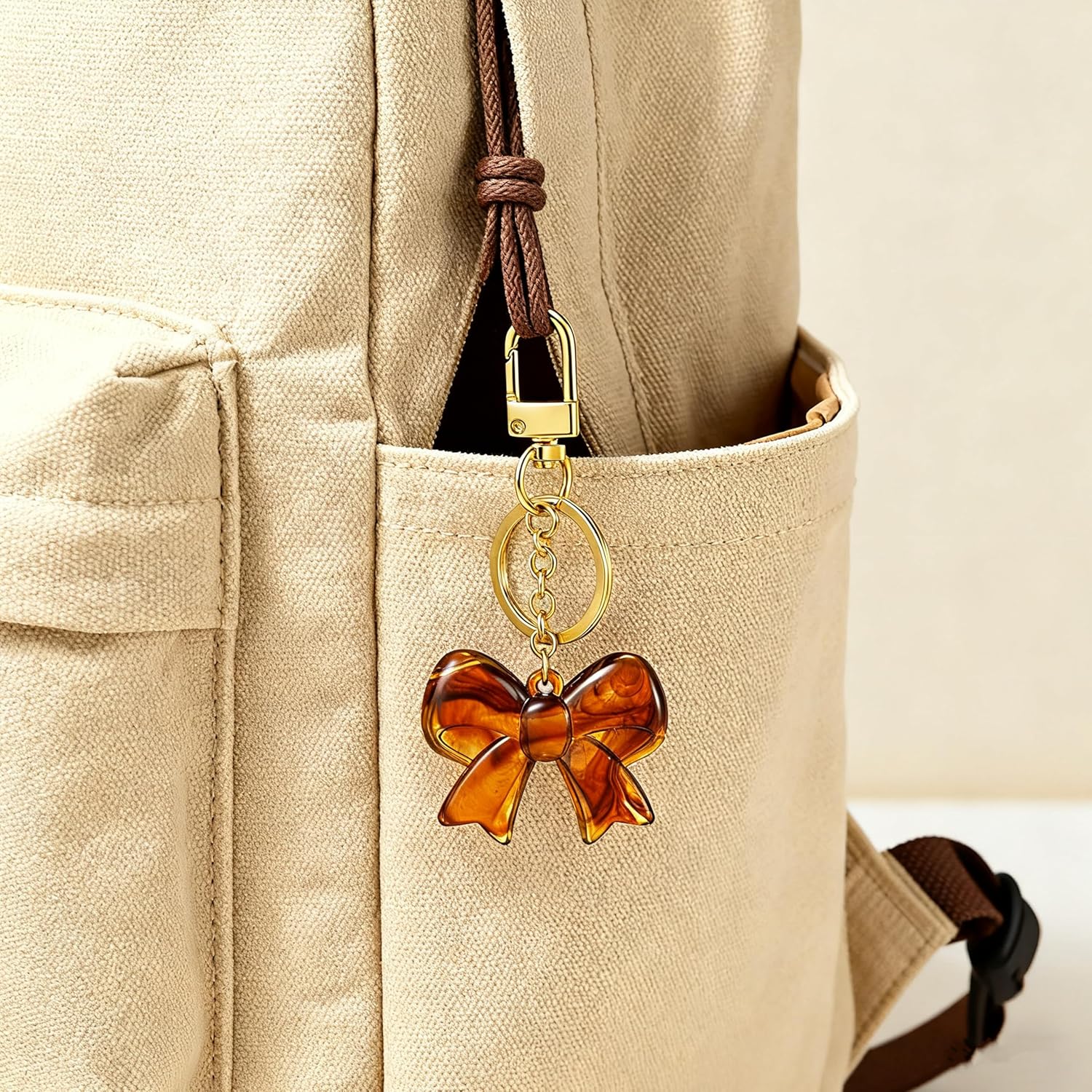 YUJIE Amber Acrylic Bow Keychain, Gold - Tone Metal Ring Key Holder Chunky Resin Brown Bow Knot Pendant Fashionable Bag Charm for Women Thanksgiving Day - Image 3