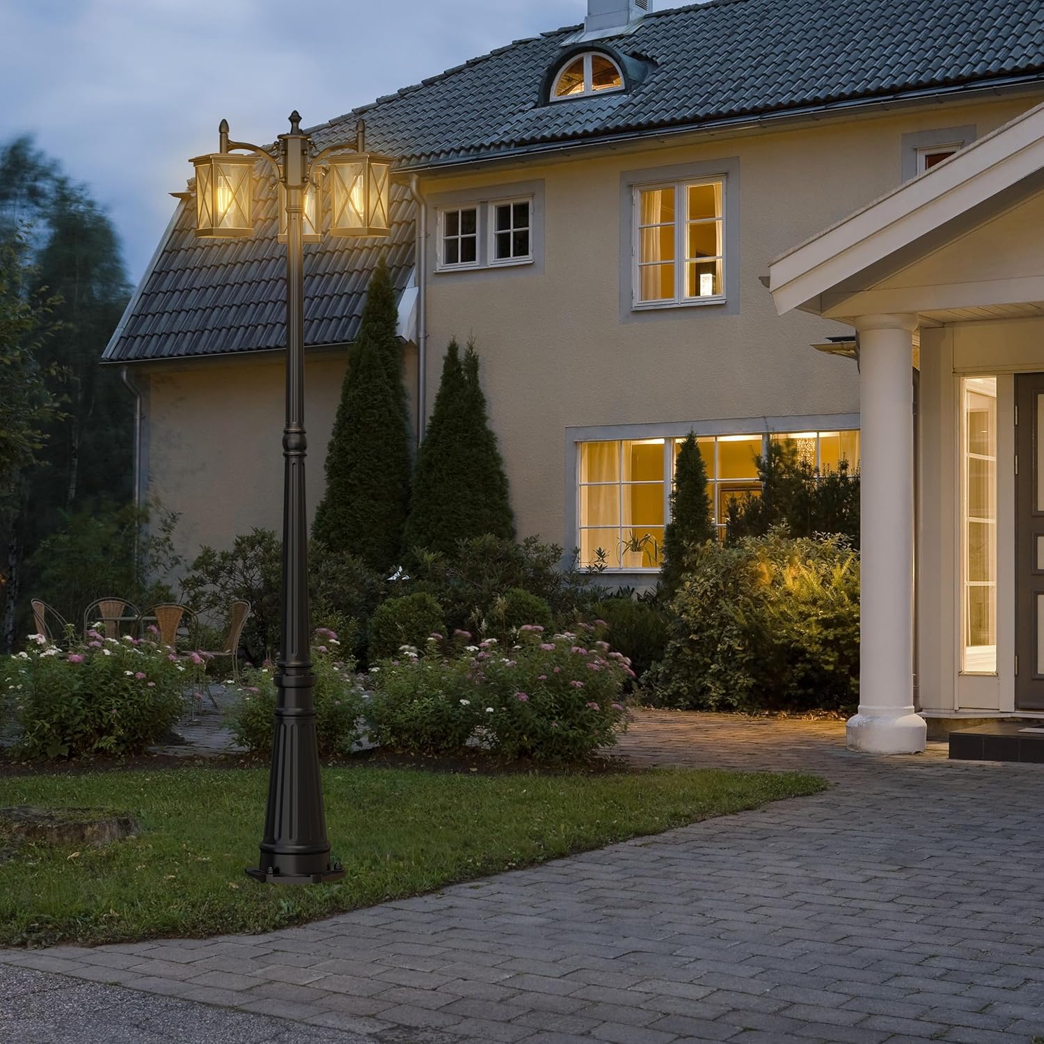 Outdoor Lamp Post Light, Exterior Light Outside Lamp for House Hardwired 120V, Waterproof Vintage Porch Lantern Fixtures Black with Glass for Garden Yard Patio (Style C-217P3)