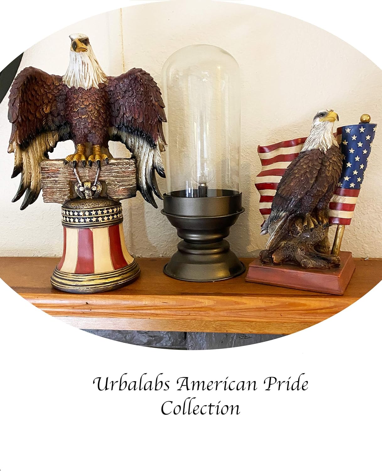 Urbalabs Bald Eagle On a USA Flag Liberty Bell Statue - Resin, Hand Painted, Brown, Tabletop Statue for Patriotic Home, Garden, Office Decor