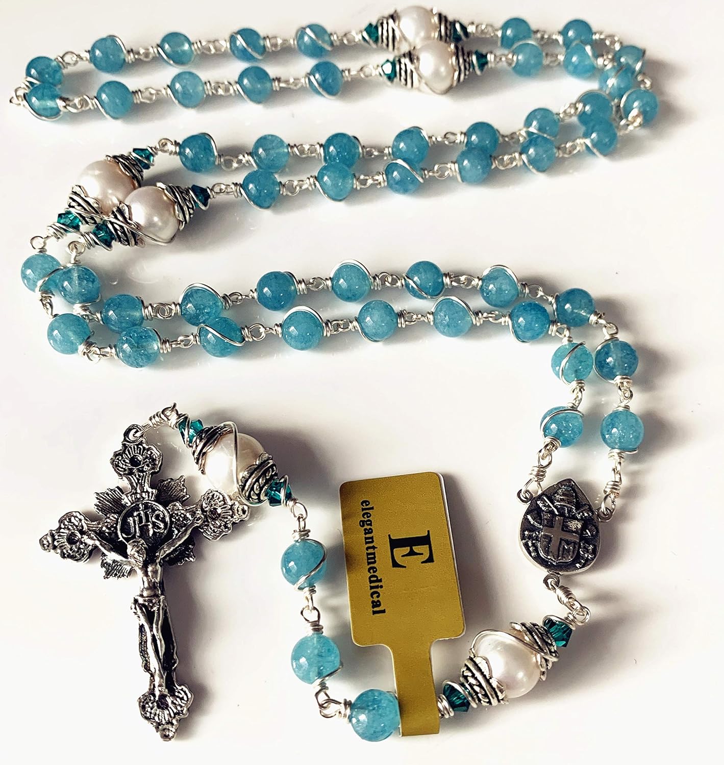 elegantmedical HANDMADE Sterling Silver Wire Wraped Aquamarine & AAA10MM Real Pearl BEADS 5 DECADE ROSARY Cross crucifix necklace