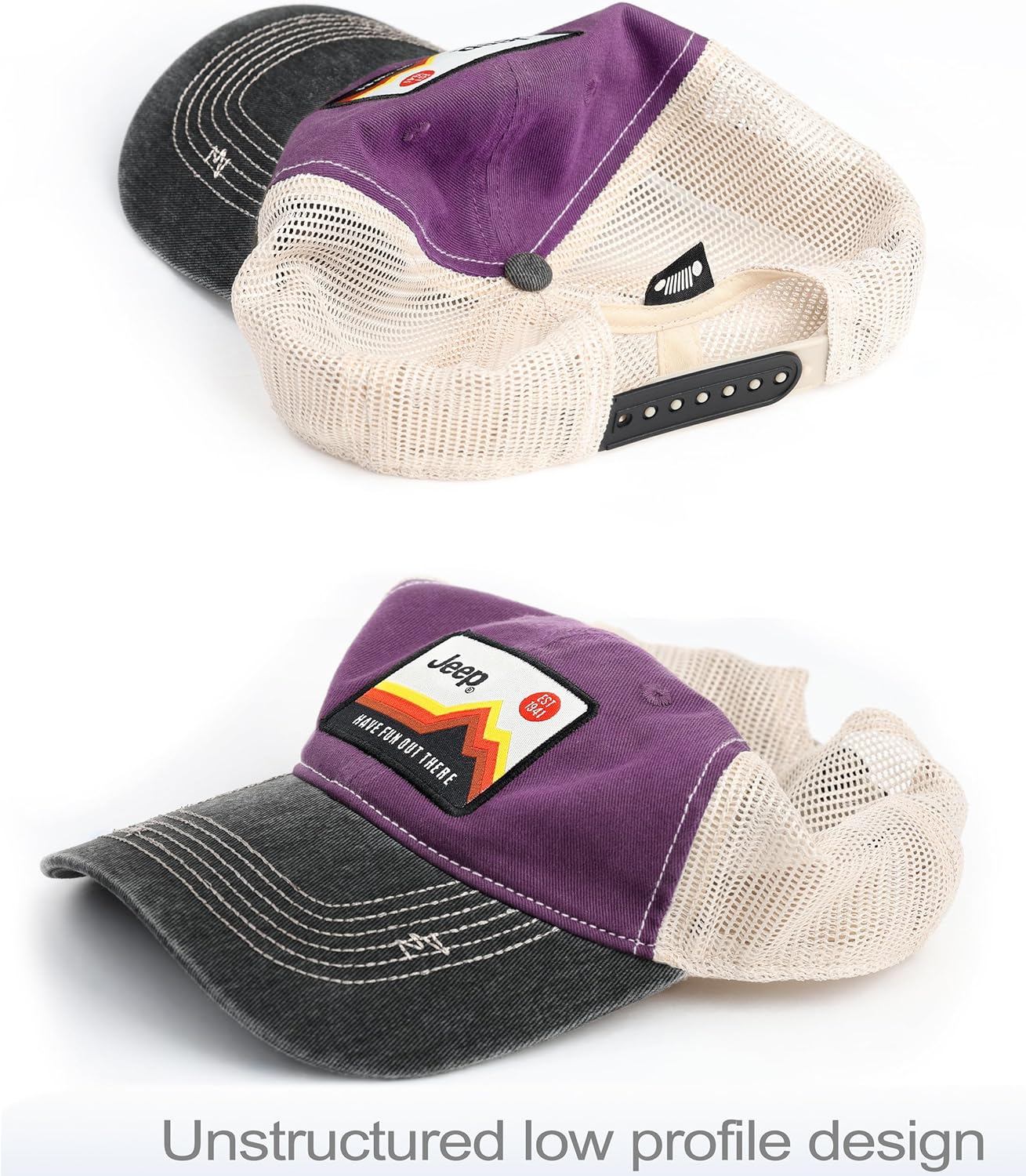 Jeep Have Fun Out There Patch Garment Washed Trucker Hat Unstructured for Men & Women - Adjustable Snapback Baseball Cap