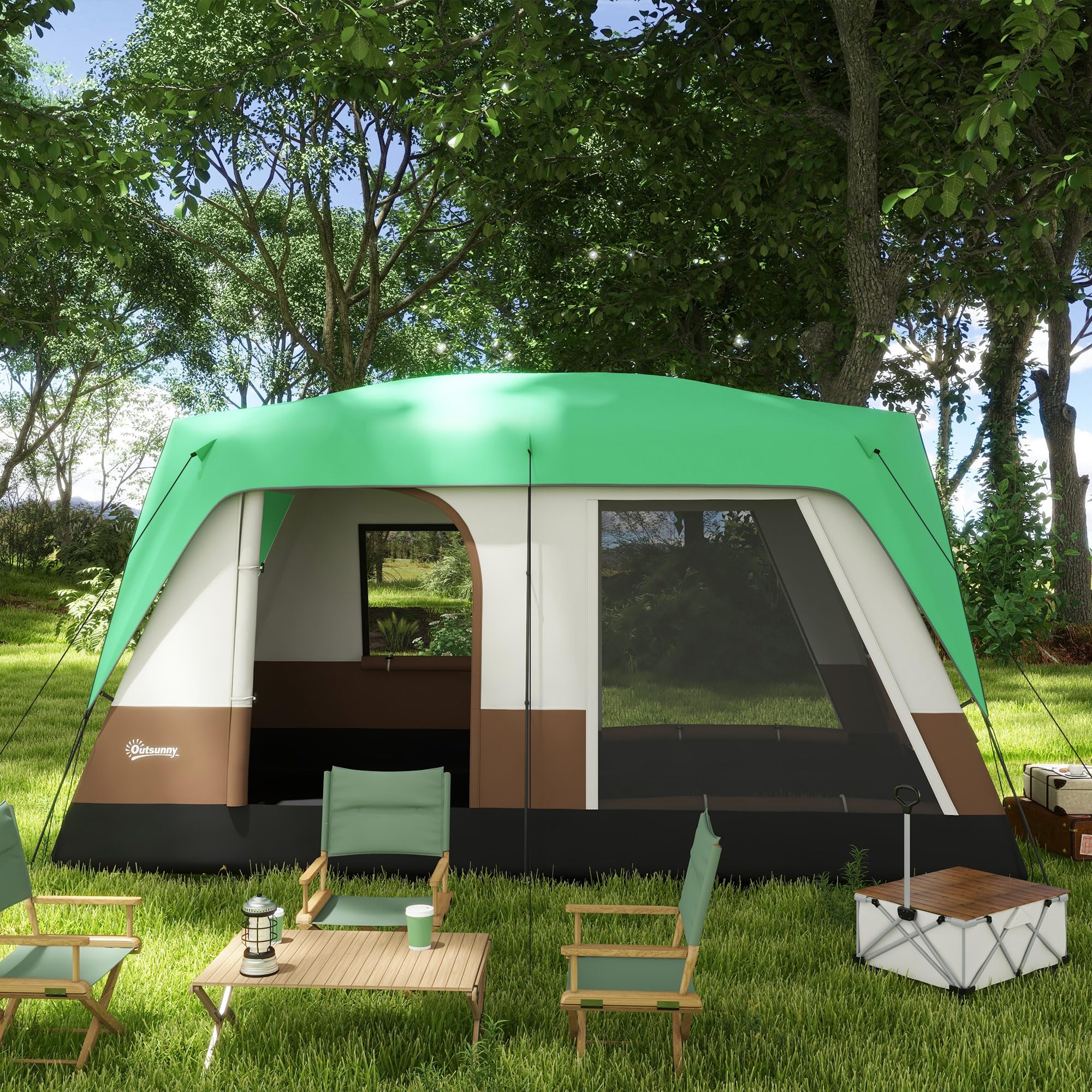 Outsunny Tenda da Campeggio 4 Posti Impermeabile con Finestre a Rete, Tenda a Tunnel in Poliestere, 490x305x225 cm, Verde