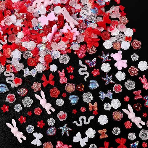 Miniatura 5 de 110 dijes para uñas 3D, dijes de resina con diseño de oso de mariposa, lazo de flor de rosa, conejo, perlas de diamantes de imitación para arte de