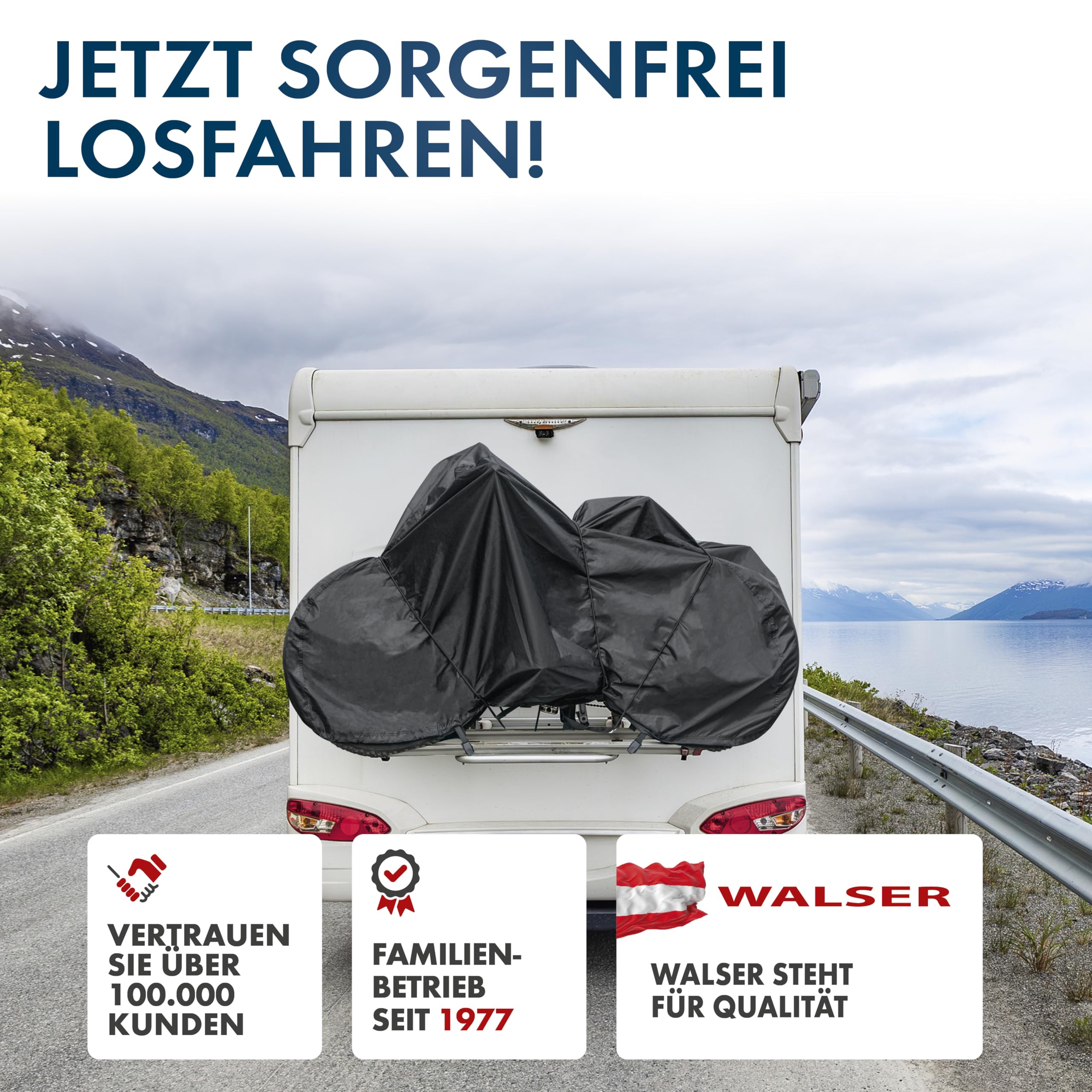 WALSER Fahrradabdeckung für 2 Fahrräder, 100% wasserdichte Fahrradschutzhülle für Fahrradträger - optimal für Wohnmobil/Bus, Fahrradgarage inkl. Spanngummi + Aufbewahrungstasche 210x80x115cm schwarz
