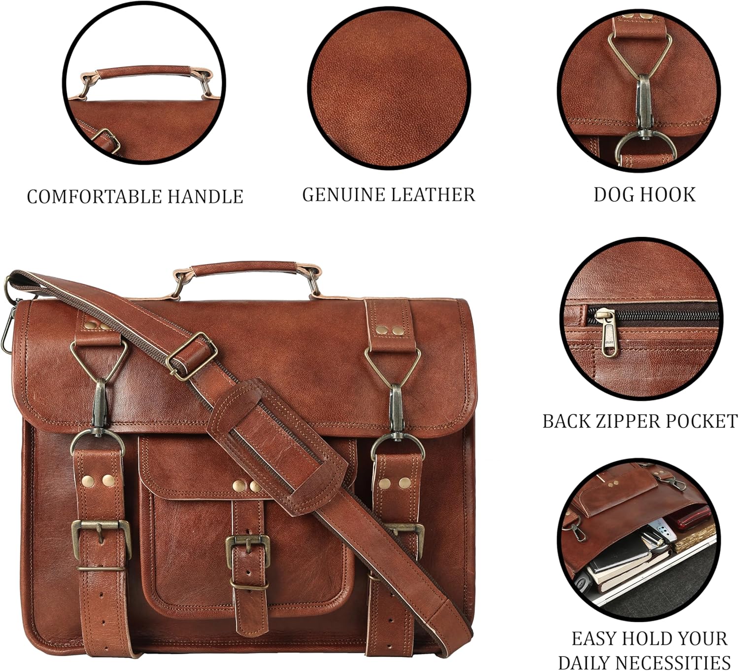 Brown Leather Messenger Bag for Men & Women Stylish Laptop Bag, Shoulder Crossbody Briefcase with Adjustable Strap (3 sizes)