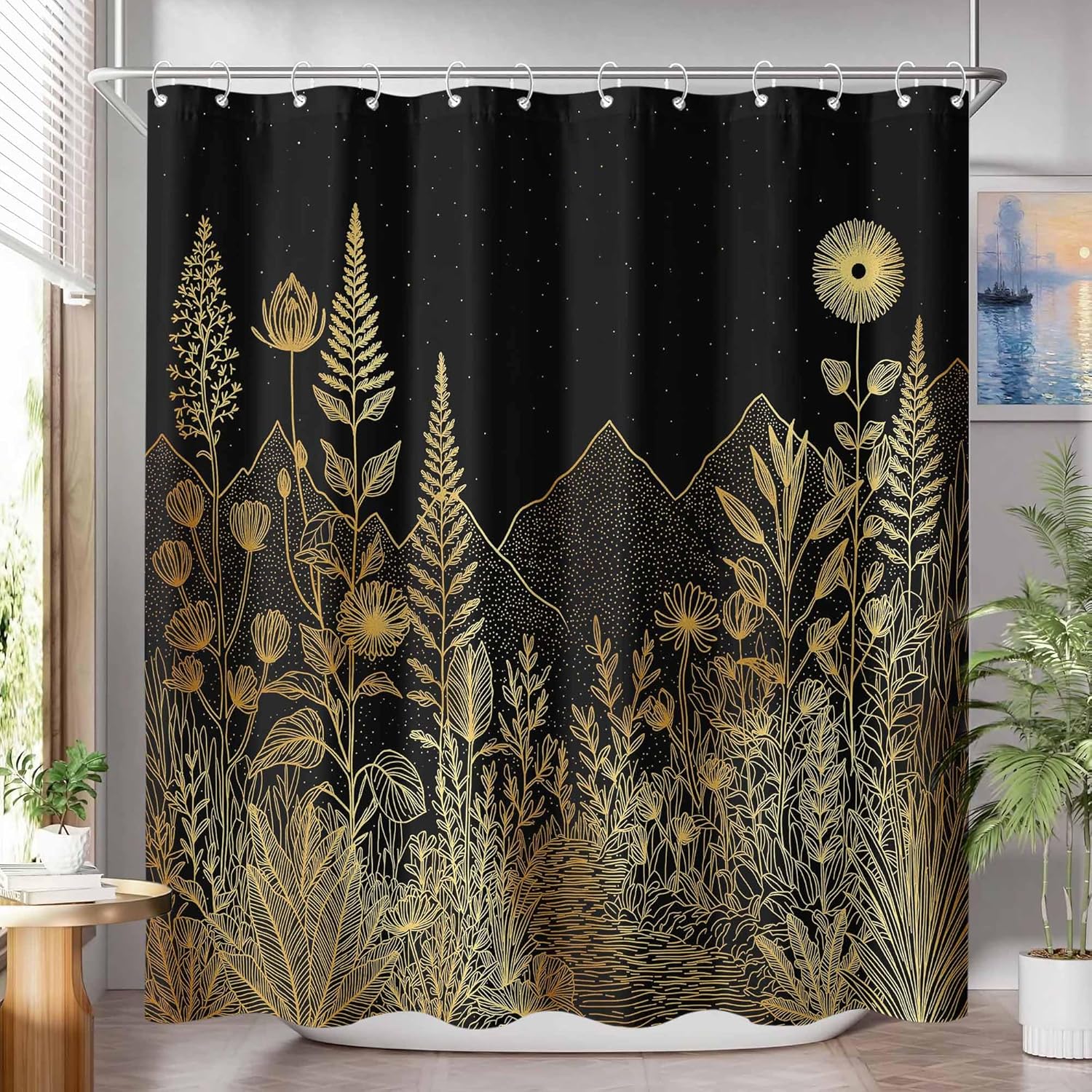 Mountain Shower Curtain Set Golden Botanical Trail Print Waterproof Bathroom Shower Curtain Nature Themed Stylish Home Decor 72x72 Inch.